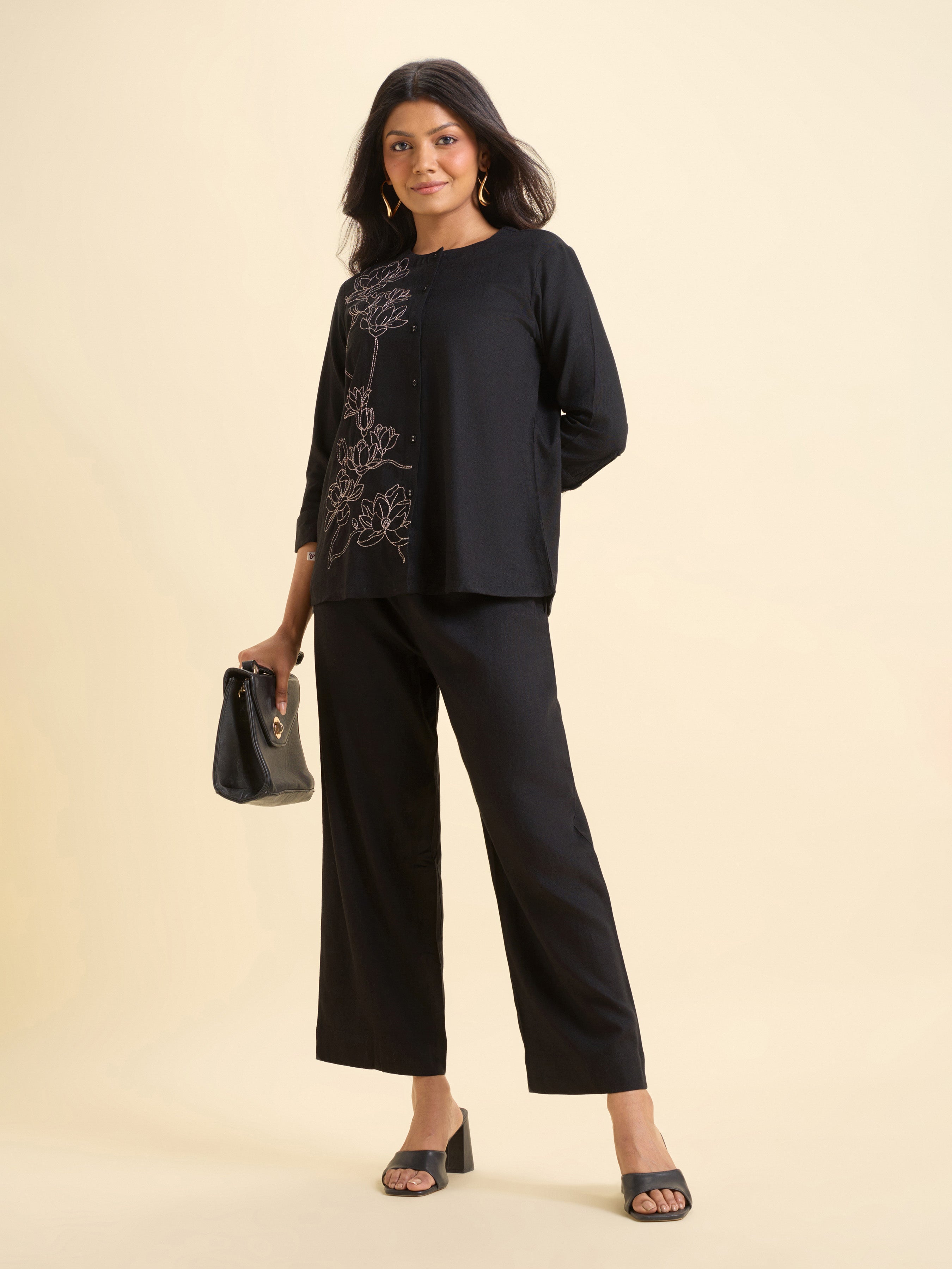 Black Viscose Linen Plain Tunic Set With Embroidery