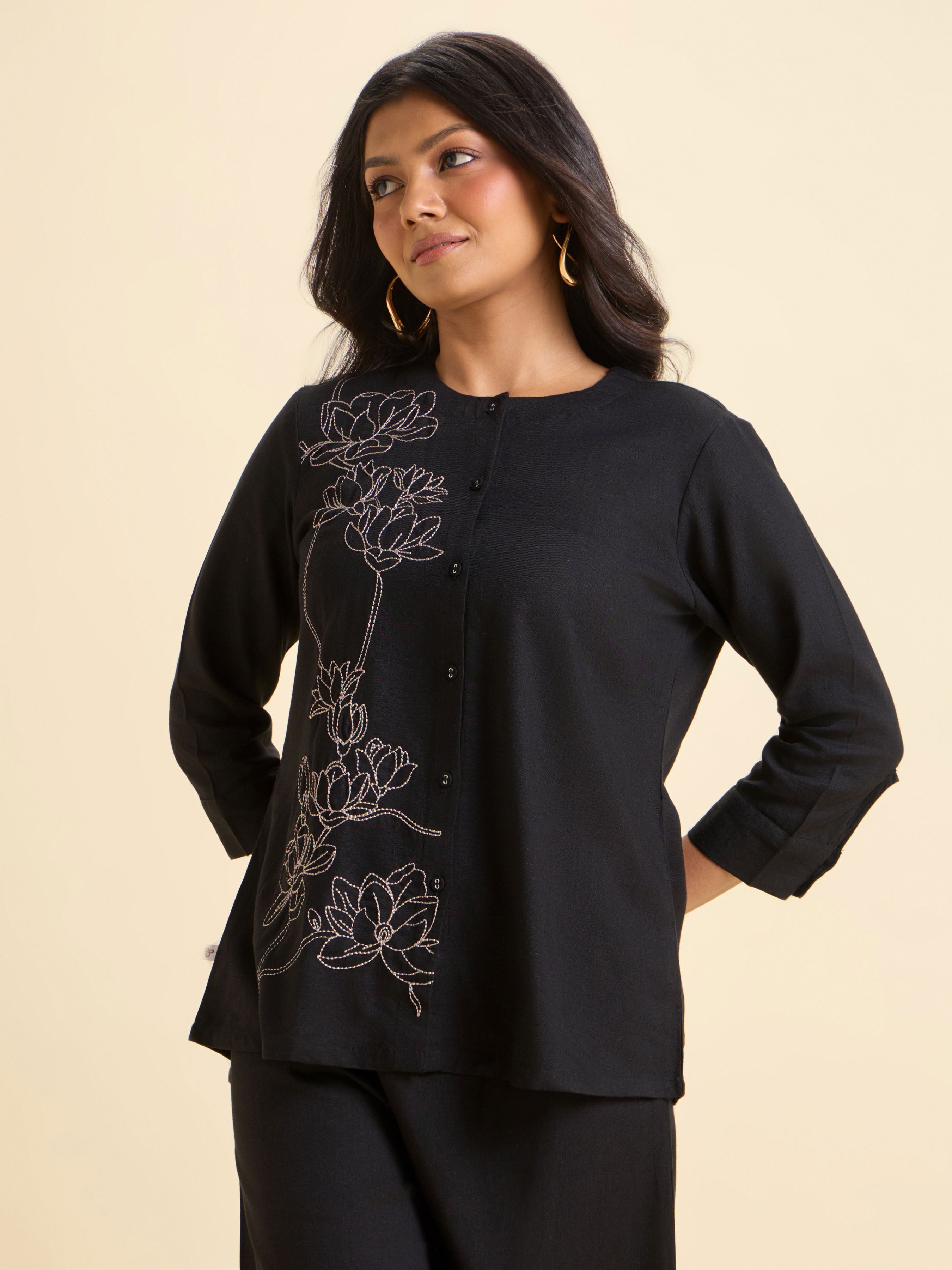 Black Viscose Linen Plain Tunic Set With Embroidery