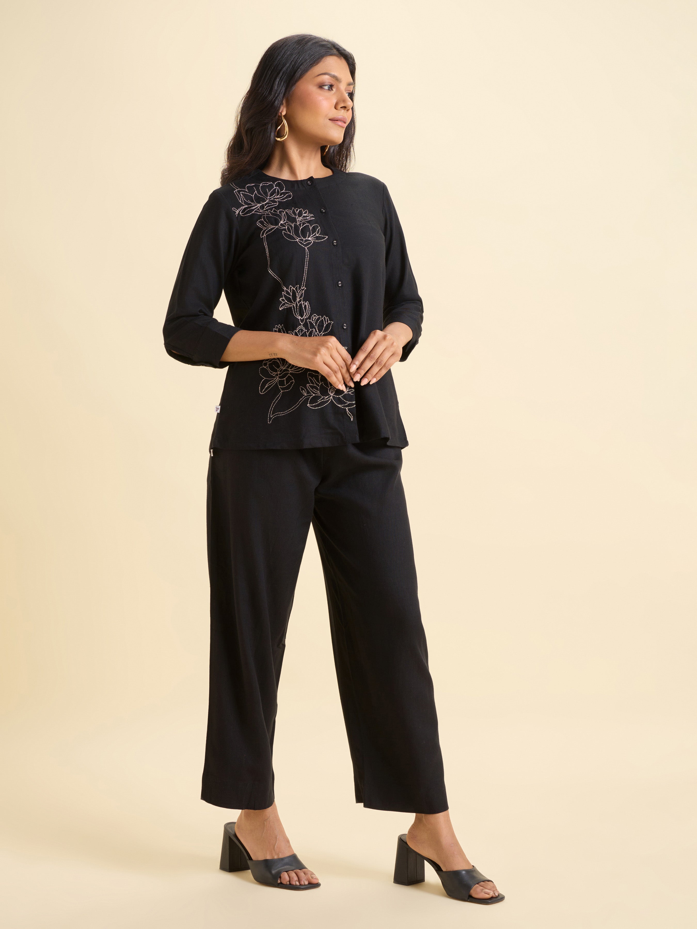 Black Viscose Linen Plain Tunic Set With Embroidery