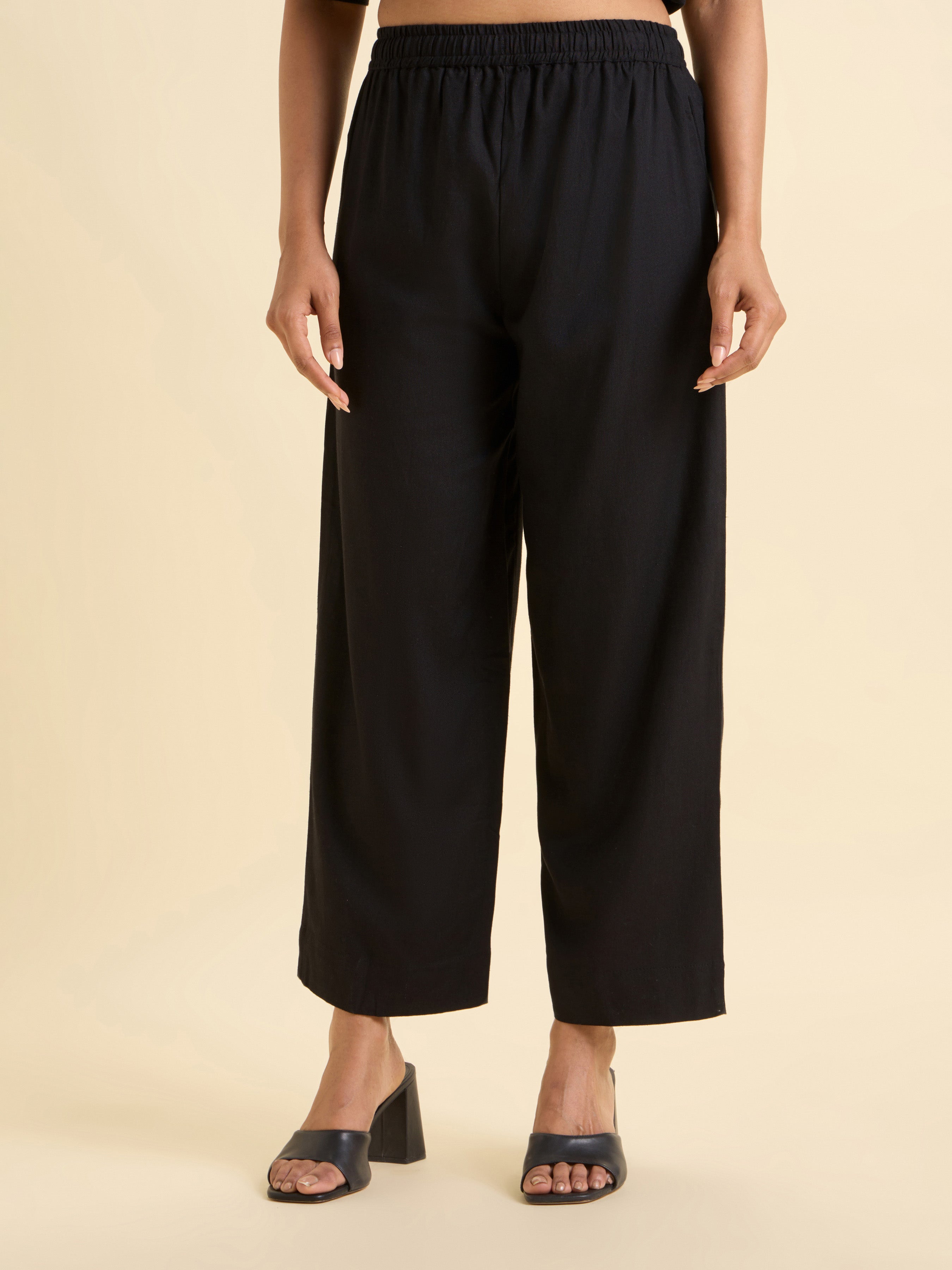 Black Viscose Linen Plain Tunic Set With Embroidery