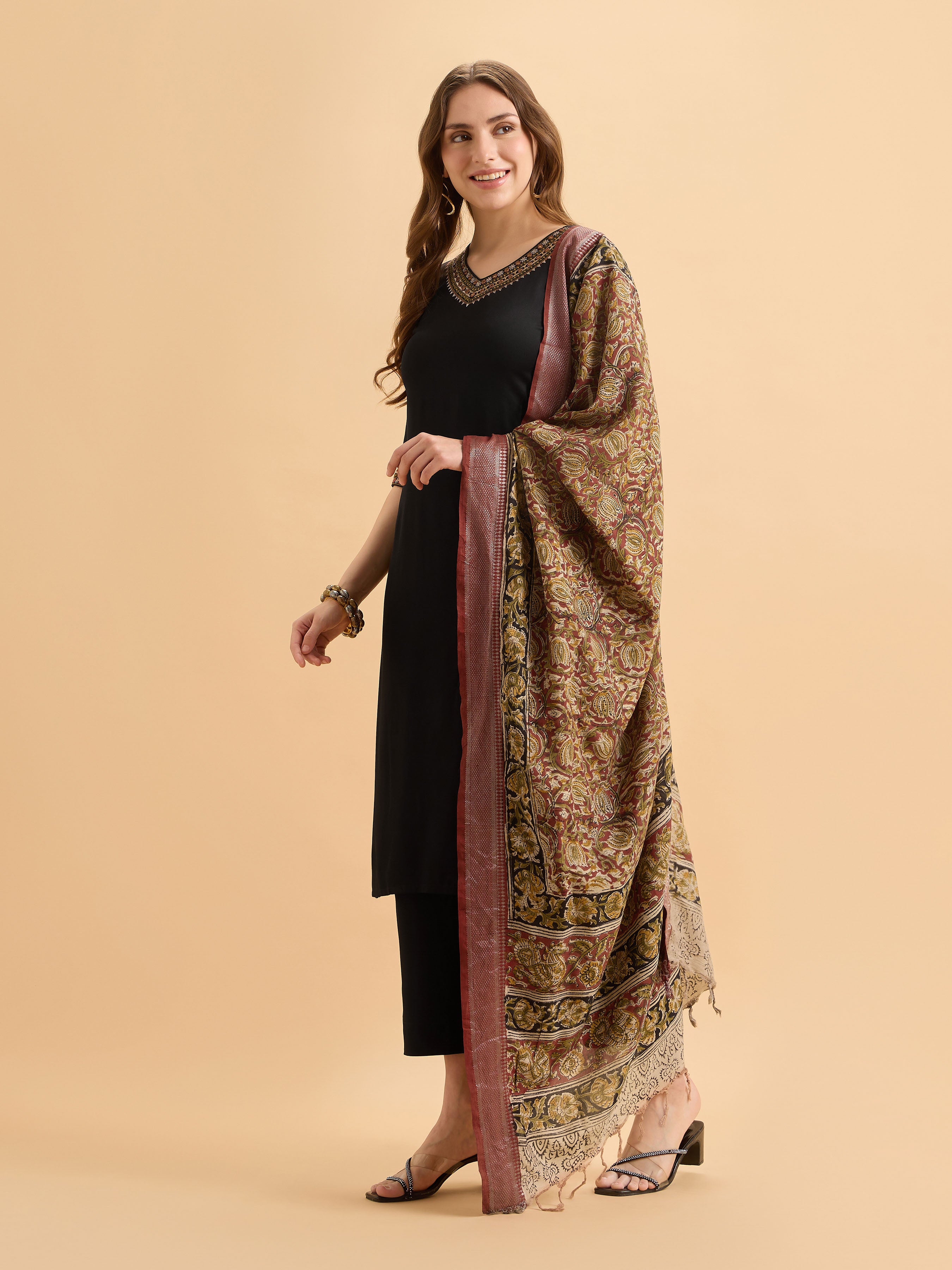 Black Viscose Kurti Set With Kalamkari Dupatta