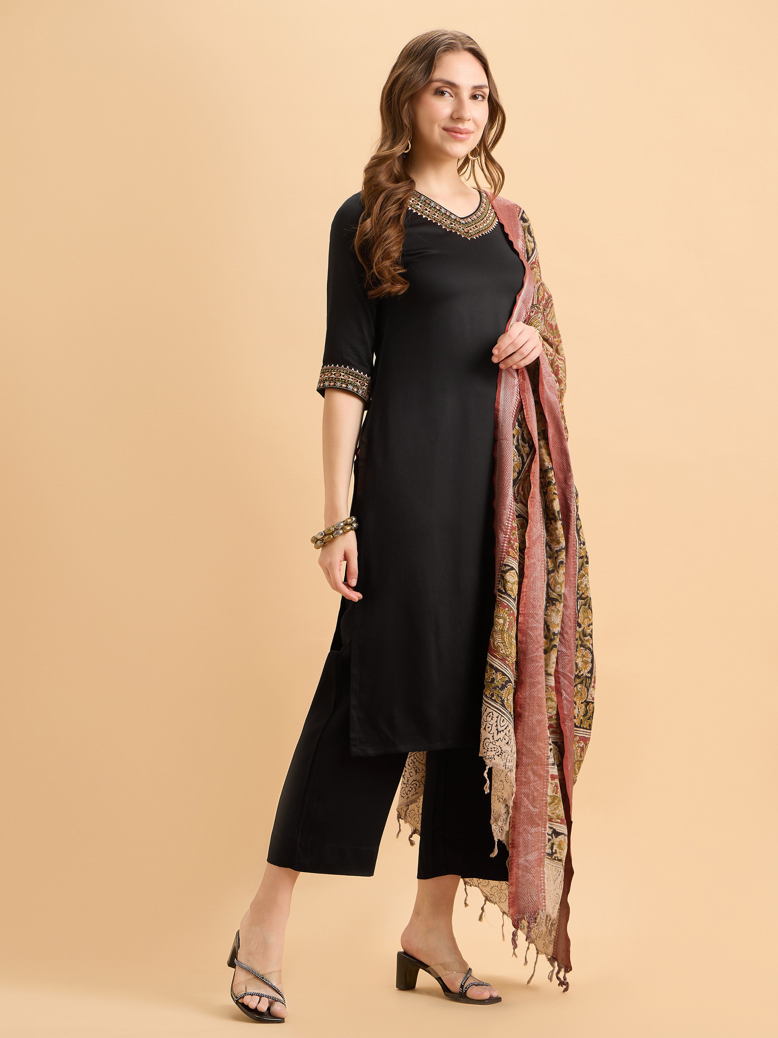 Black Viscose Kurti Set With Kalamkari Dupatta