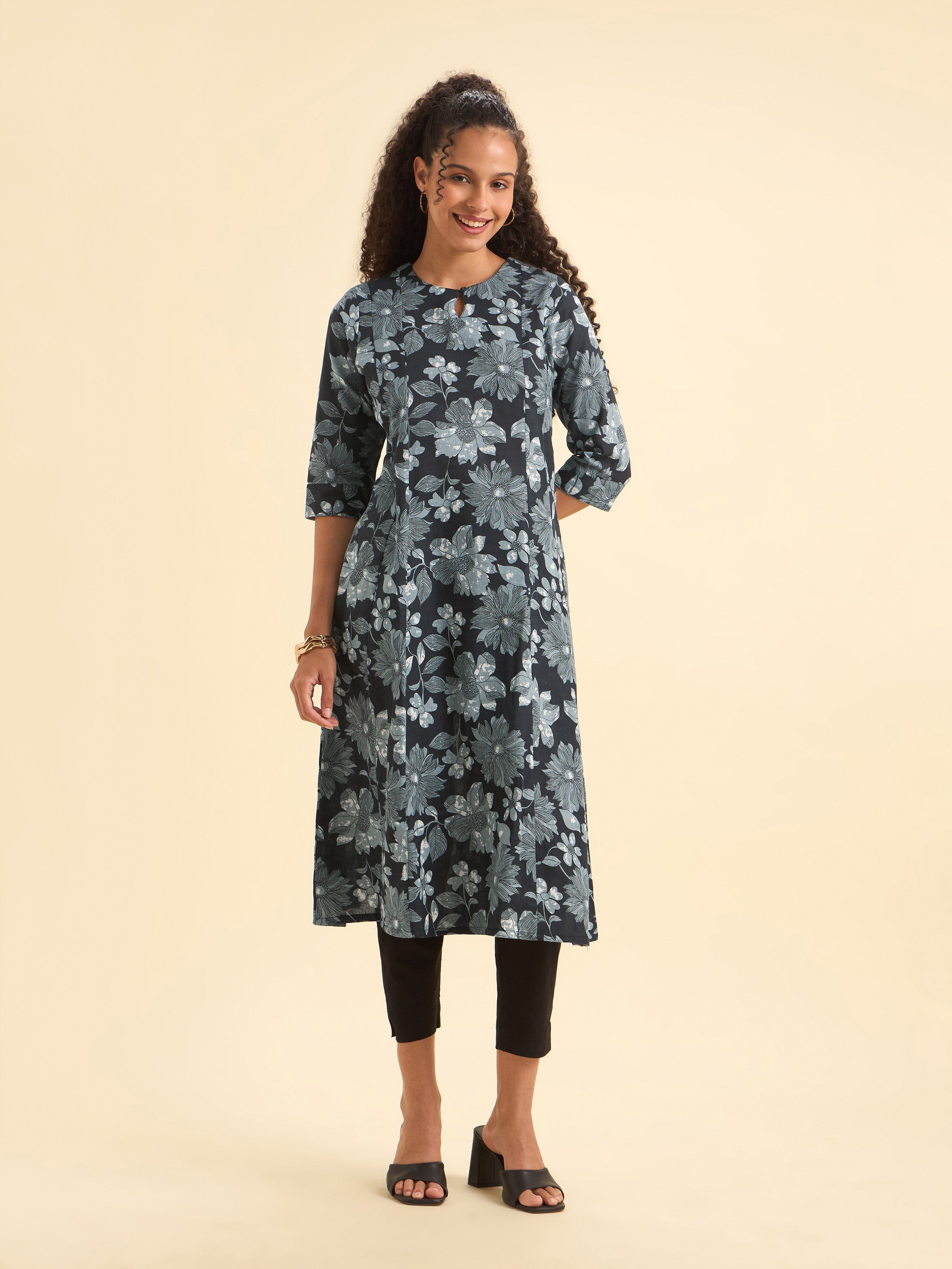 Black White Colour Cotton Flax Flared Kurti