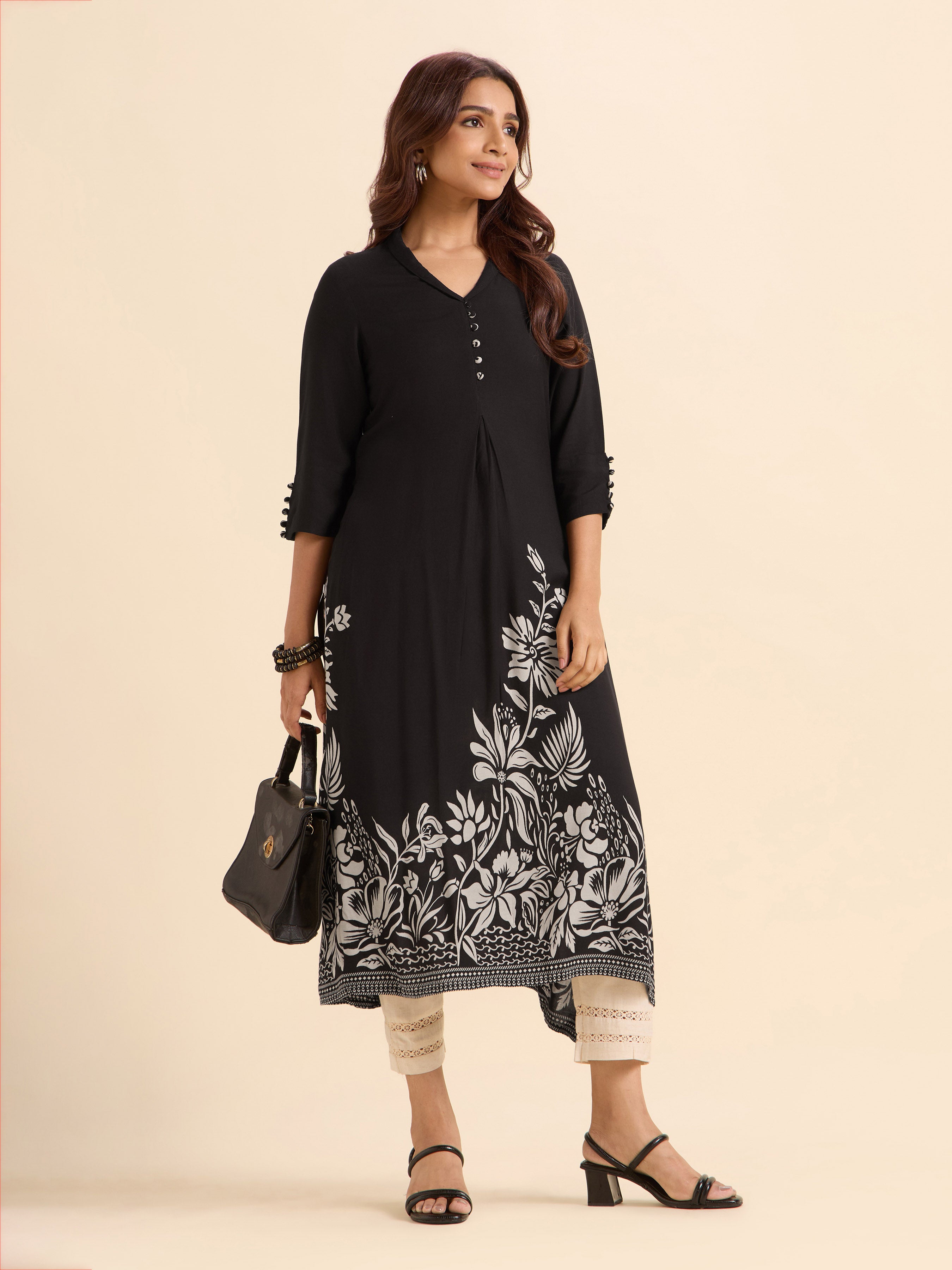 Black White Colour Viscose Printed Flared Kurti With Box Pleat