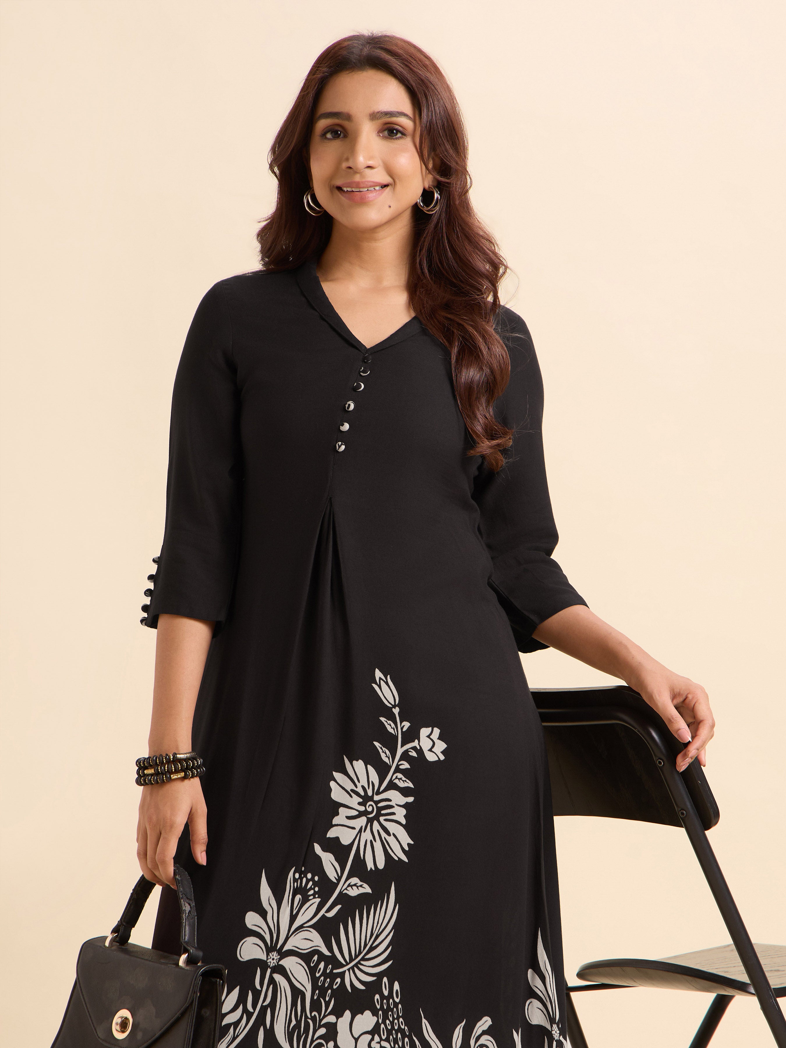 Black White Colour Viscose Printed Flared Kurti With Box Pleat