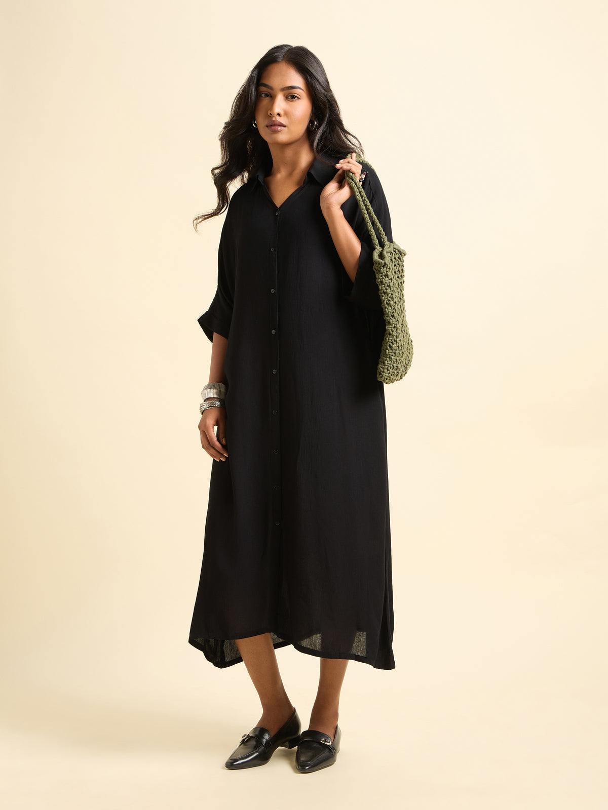 Black Wrinkle Viscose Plain Shirt Dress