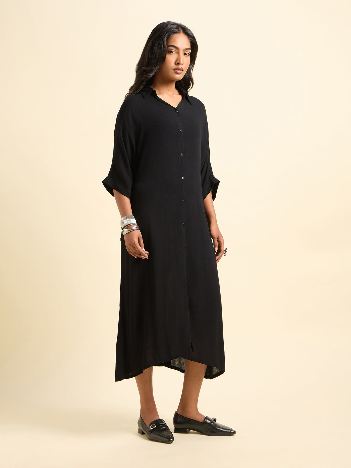 Black Wrinkle Viscose Plain Shirt Dress