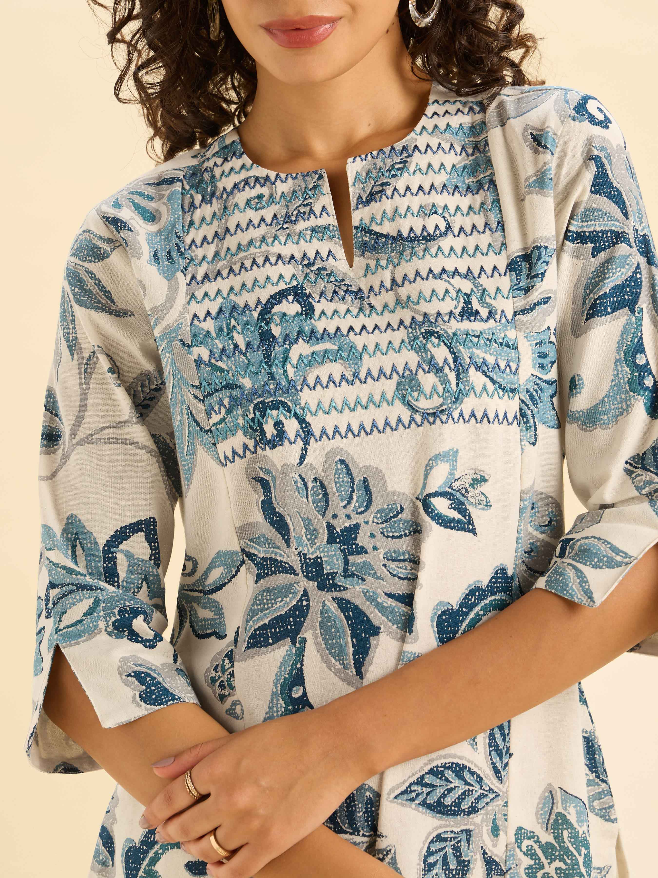 Ivory And Blue Cotton Flax Printed Sltited Kurti With Embroidery