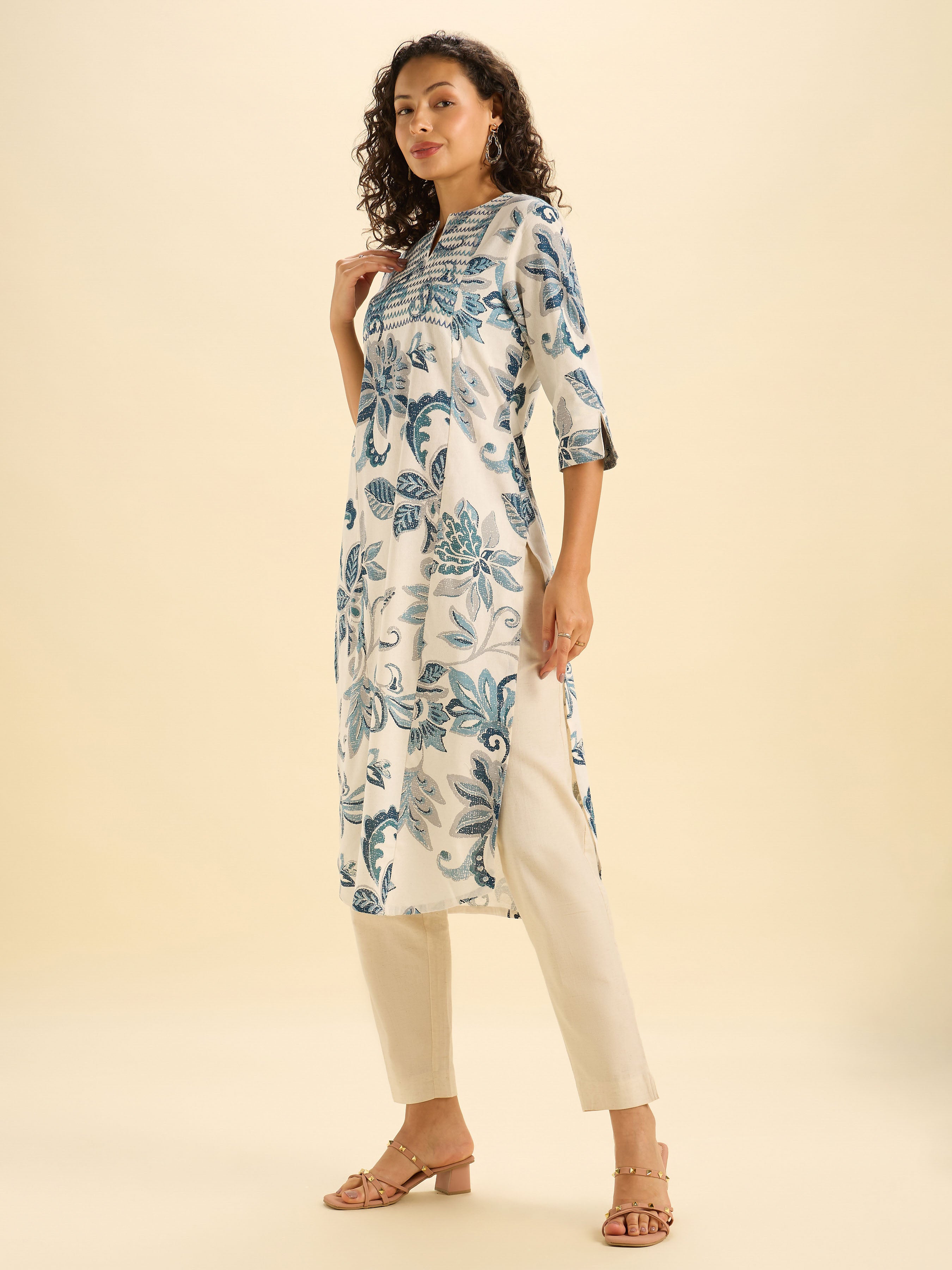 Ivory And Blue Cotton Flax Printed Sltited Kurti With Embroidery