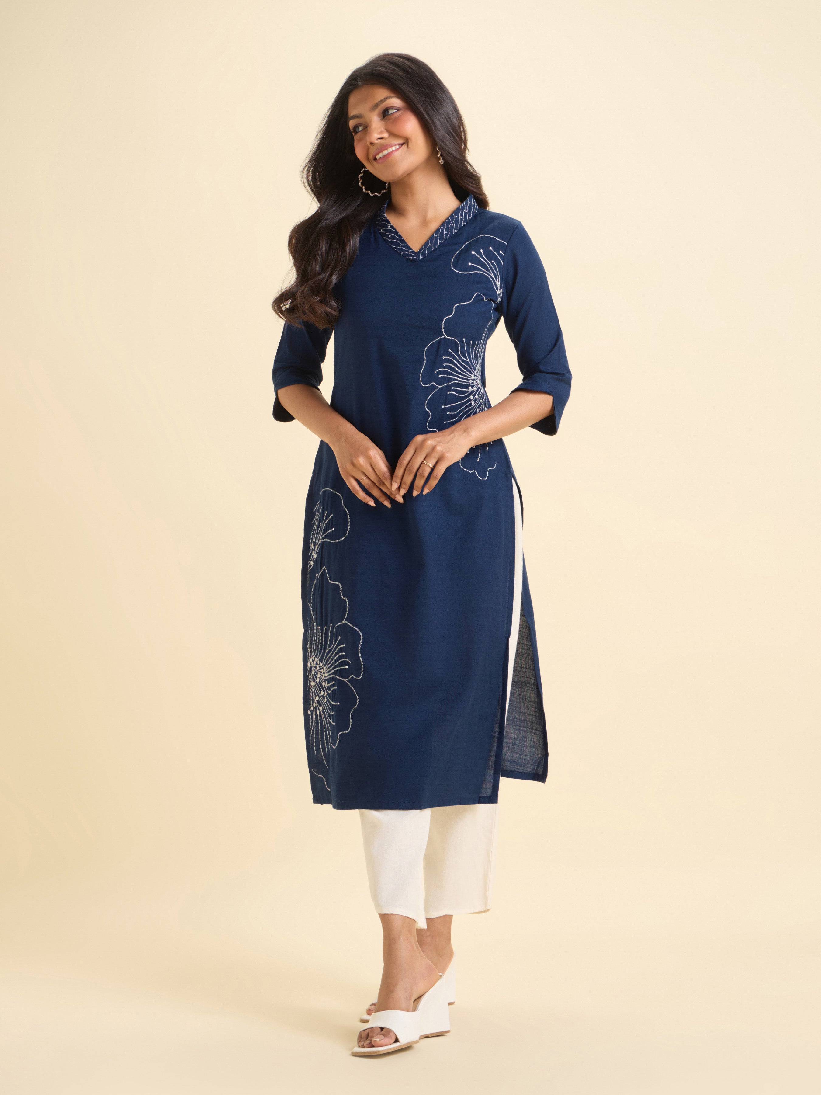Blue Cotton Viscose Slub Plain Slitted Kurti With Embroidery And Sequins Work