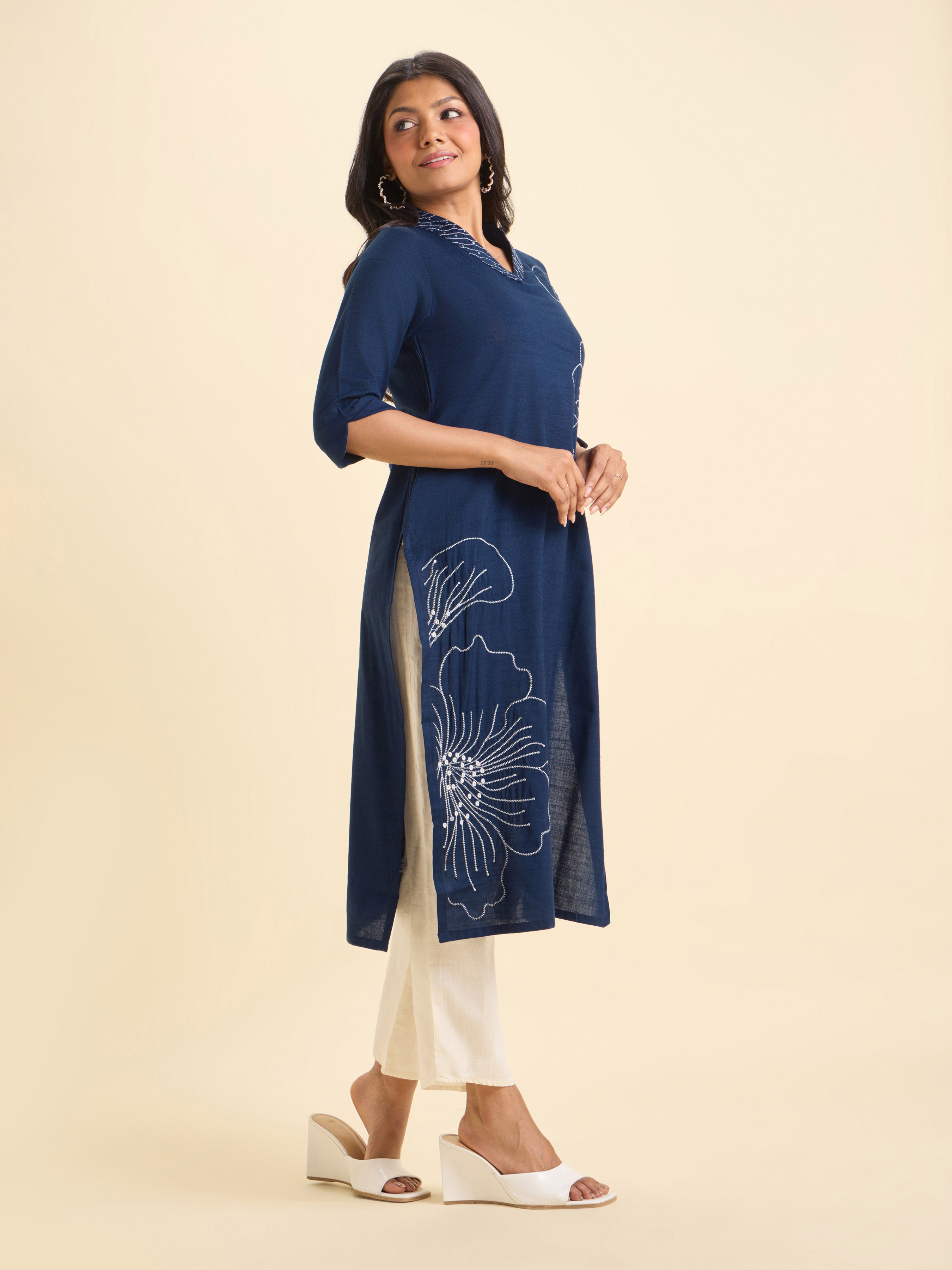 Blue Cotton Viscose Slub Plain Slitted Kurti With Embroidery And Sequins Work