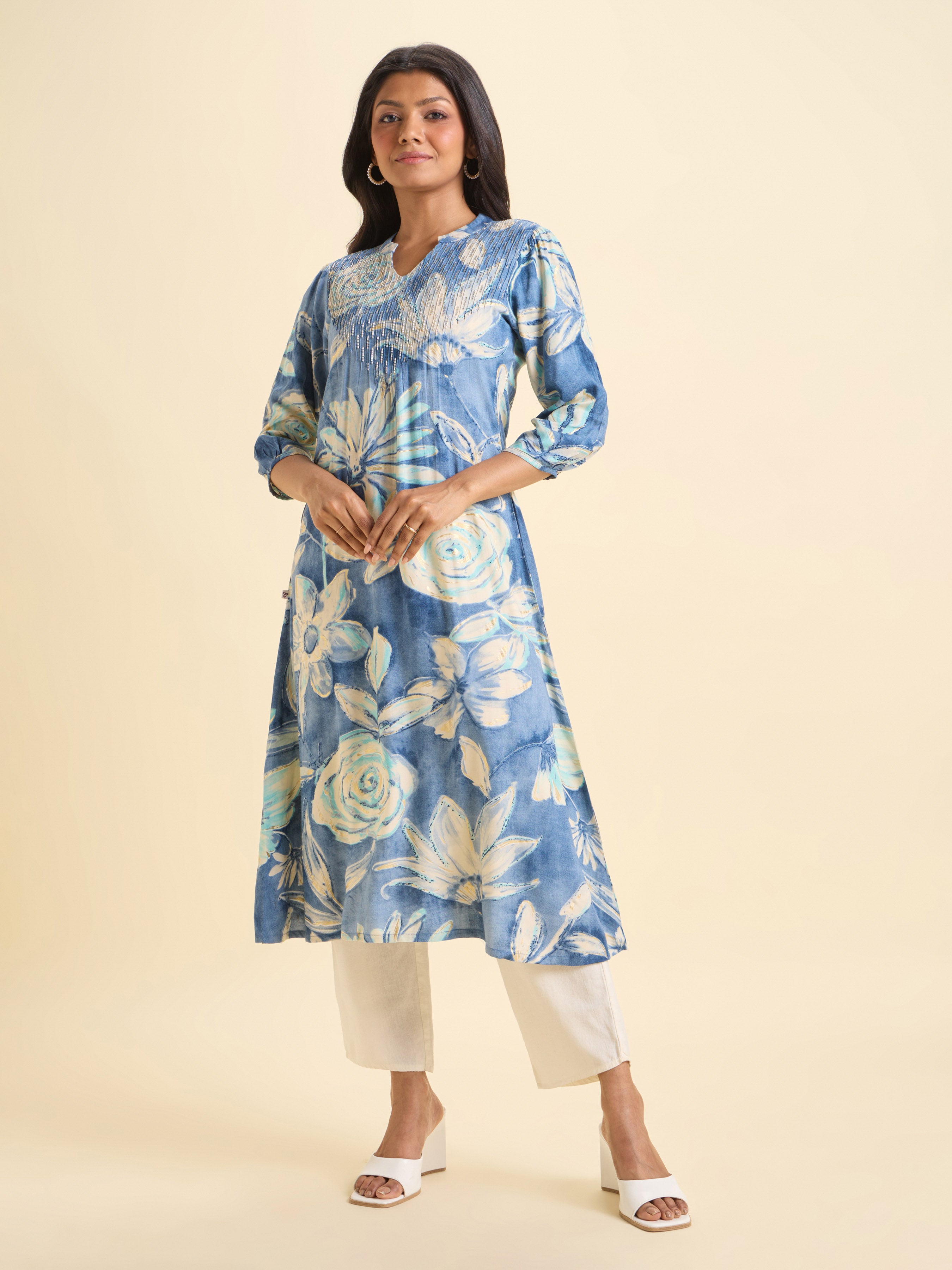 Blue Ivory Viscose Printed Flared Kurti With Hand Work