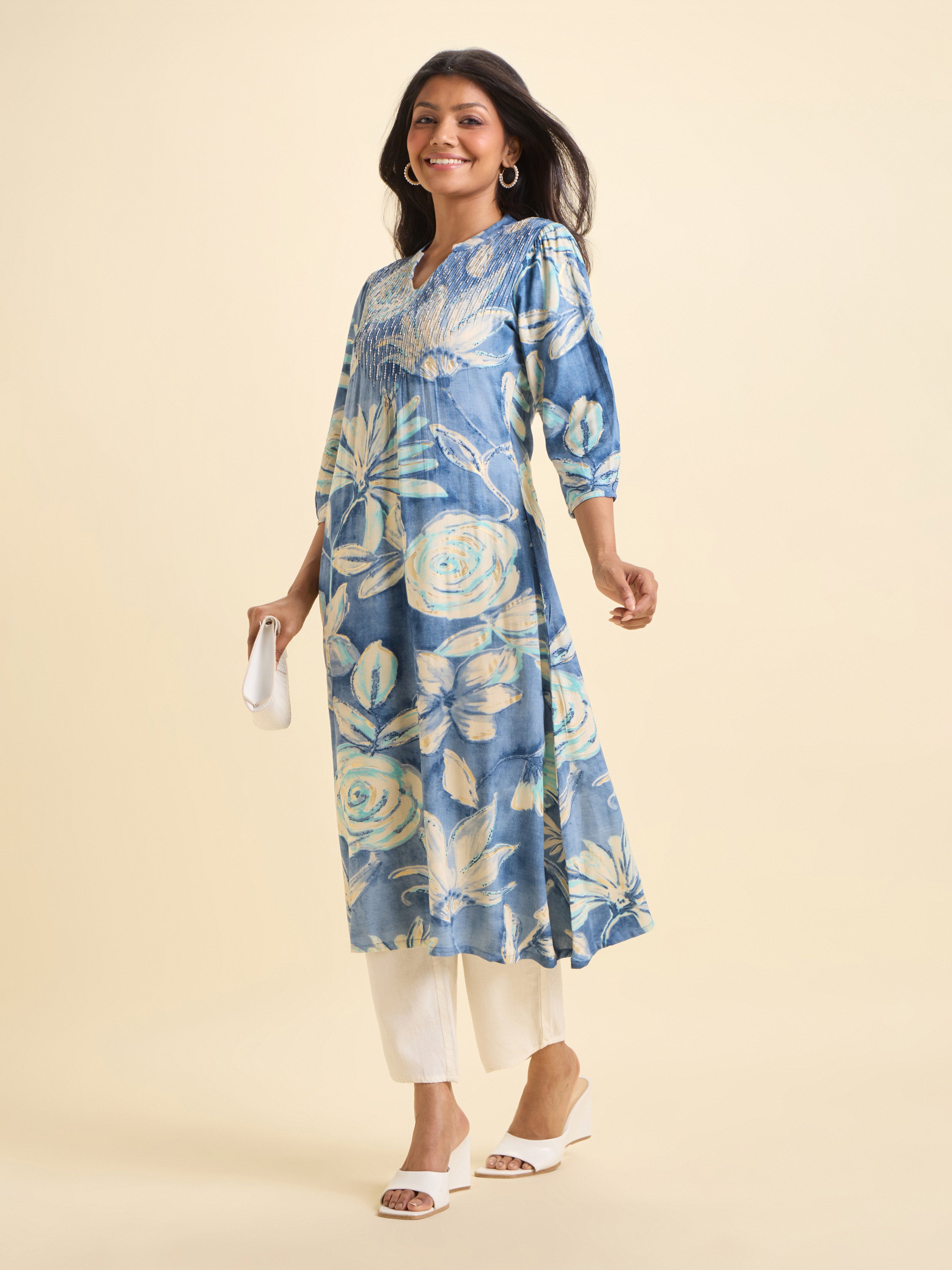 Blue Ivory Viscose Printed Flared Kurti With Hand Work