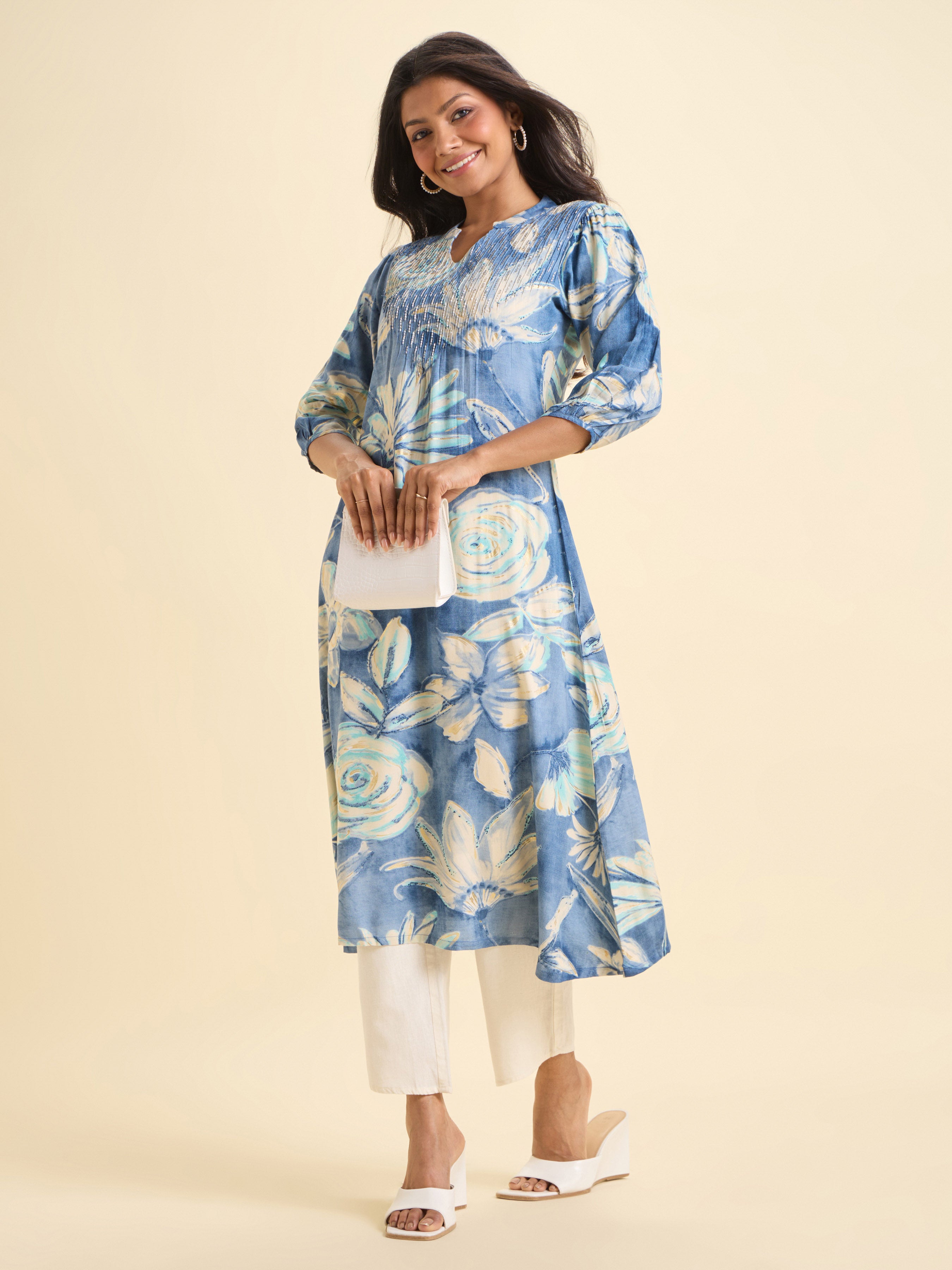 Blue Ivory Viscose Printed Flared Kurti With Hand Work