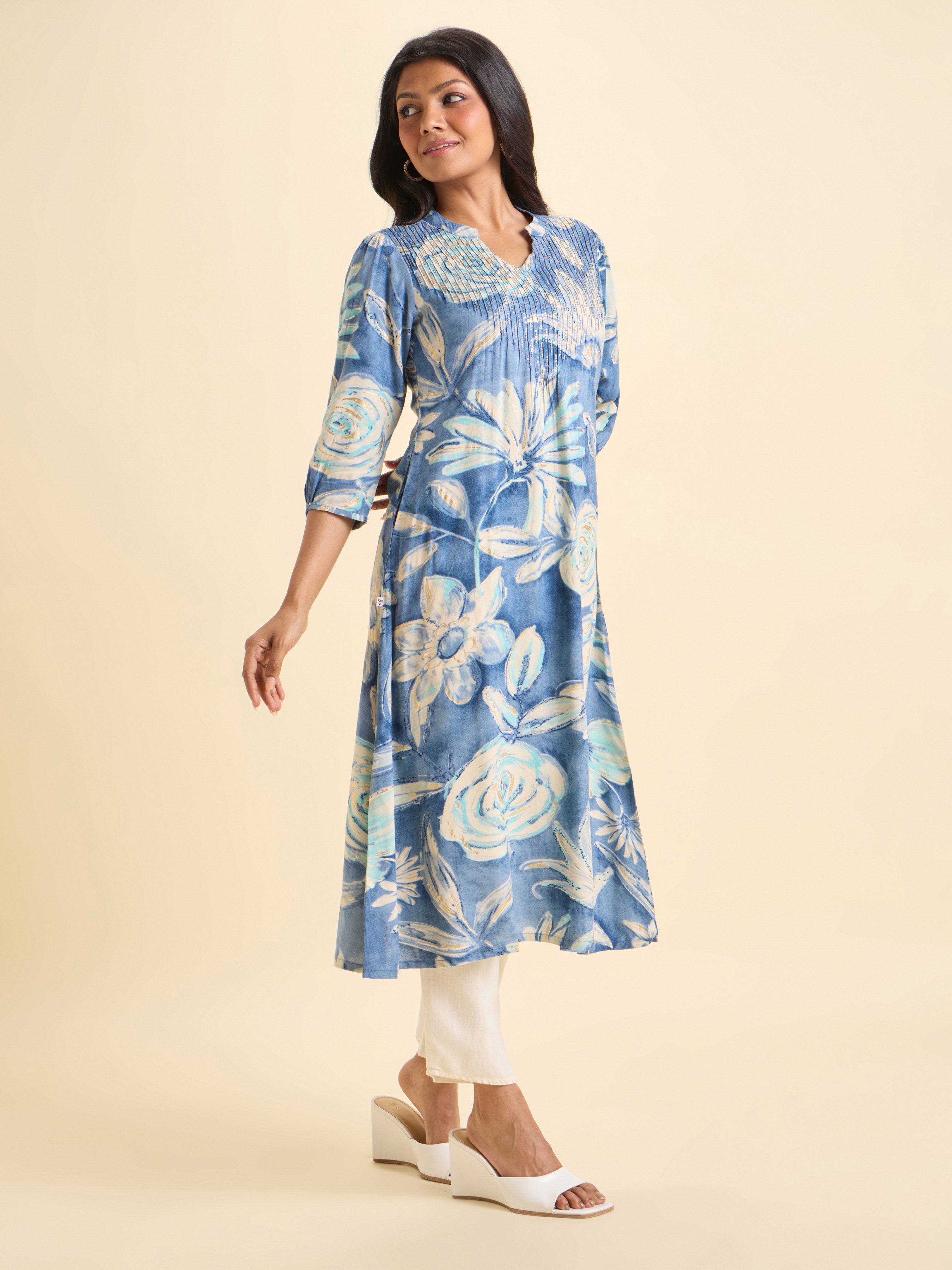 Blue Ivory Viscose Printed Flared Kurti With Hand Work