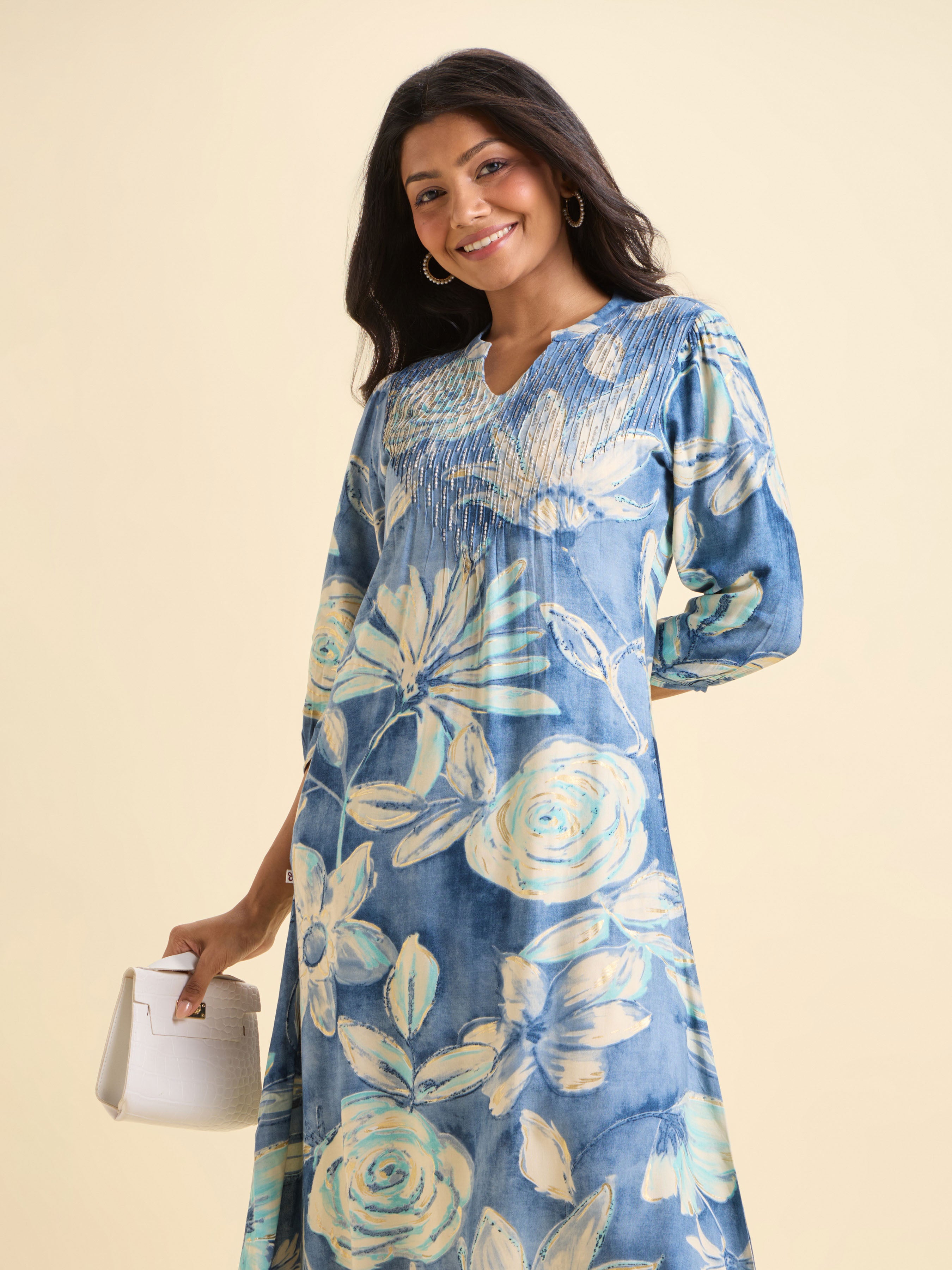 Blue Ivory Viscose Printed Flared Kurti With Hand Work