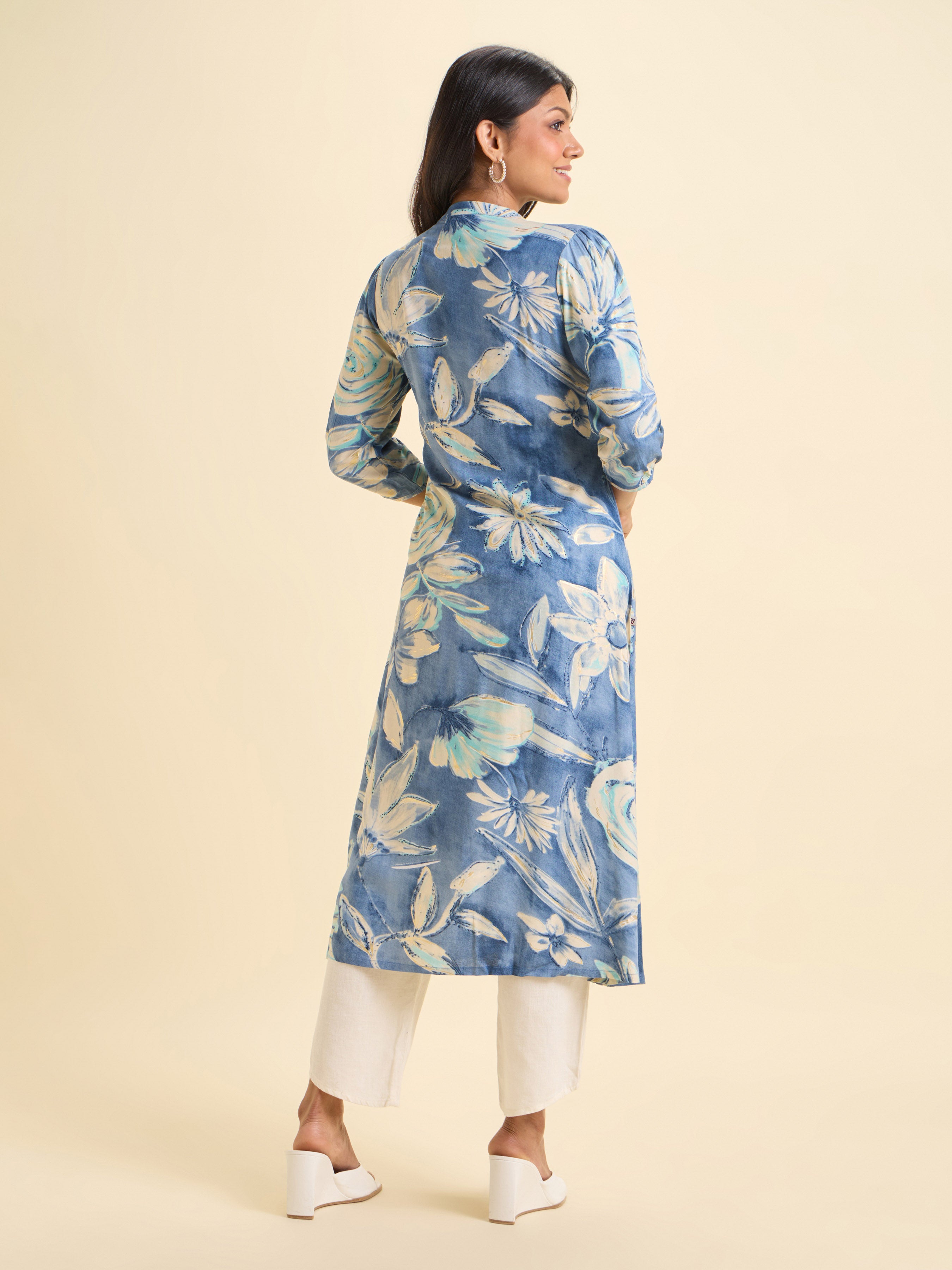 Blue Ivory Viscose Printed Flared Kurti With Hand Work