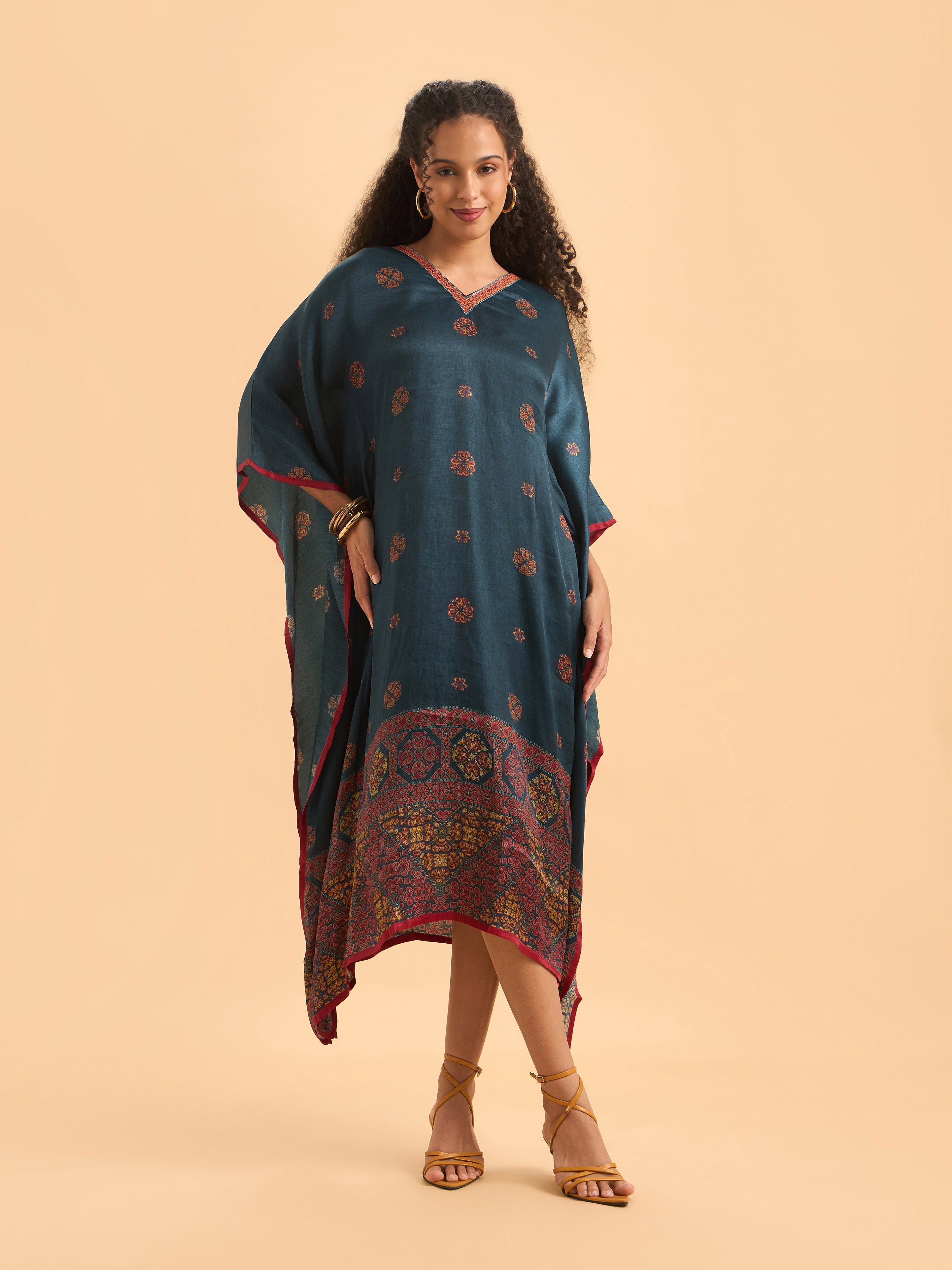 Blue Multi Colour Modal Satin Printed Kaftan With Sequins Embroidery