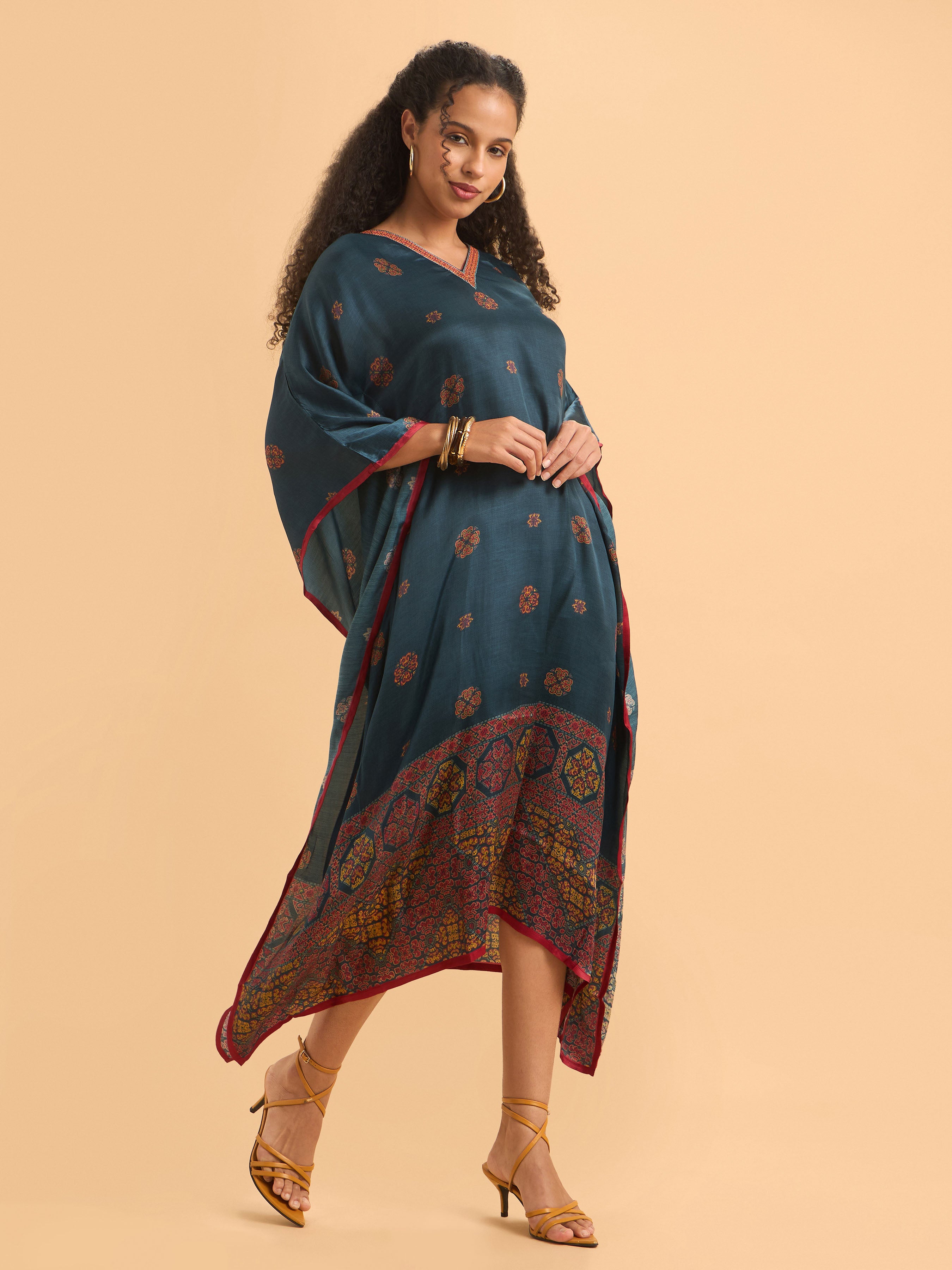 Blue Multi Colour Modal Satin Printed Kaftan With Sequins Embroidery