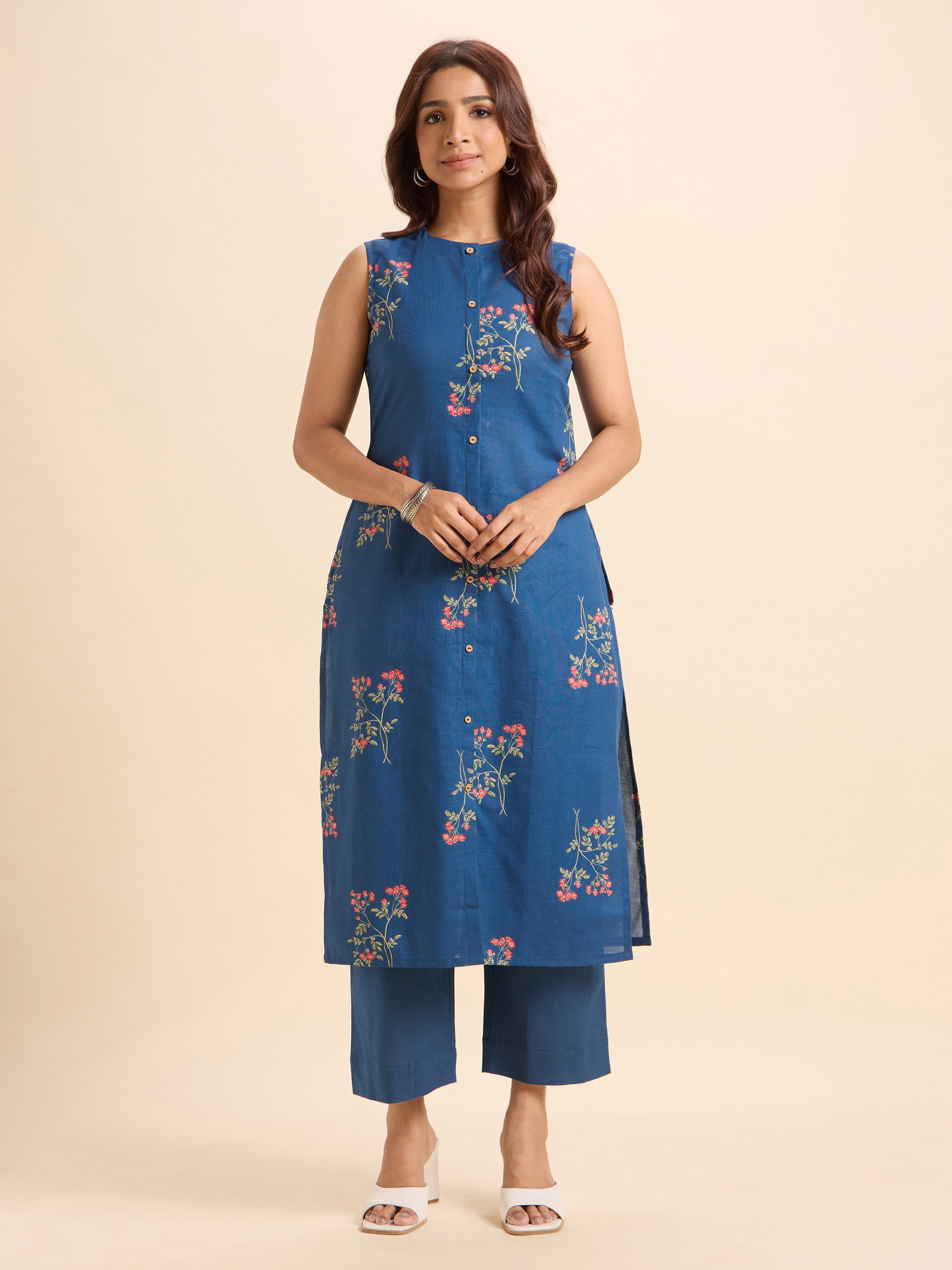 Blue Multi Colour Cotton Flax Slub Printed Slitted Kurti Set