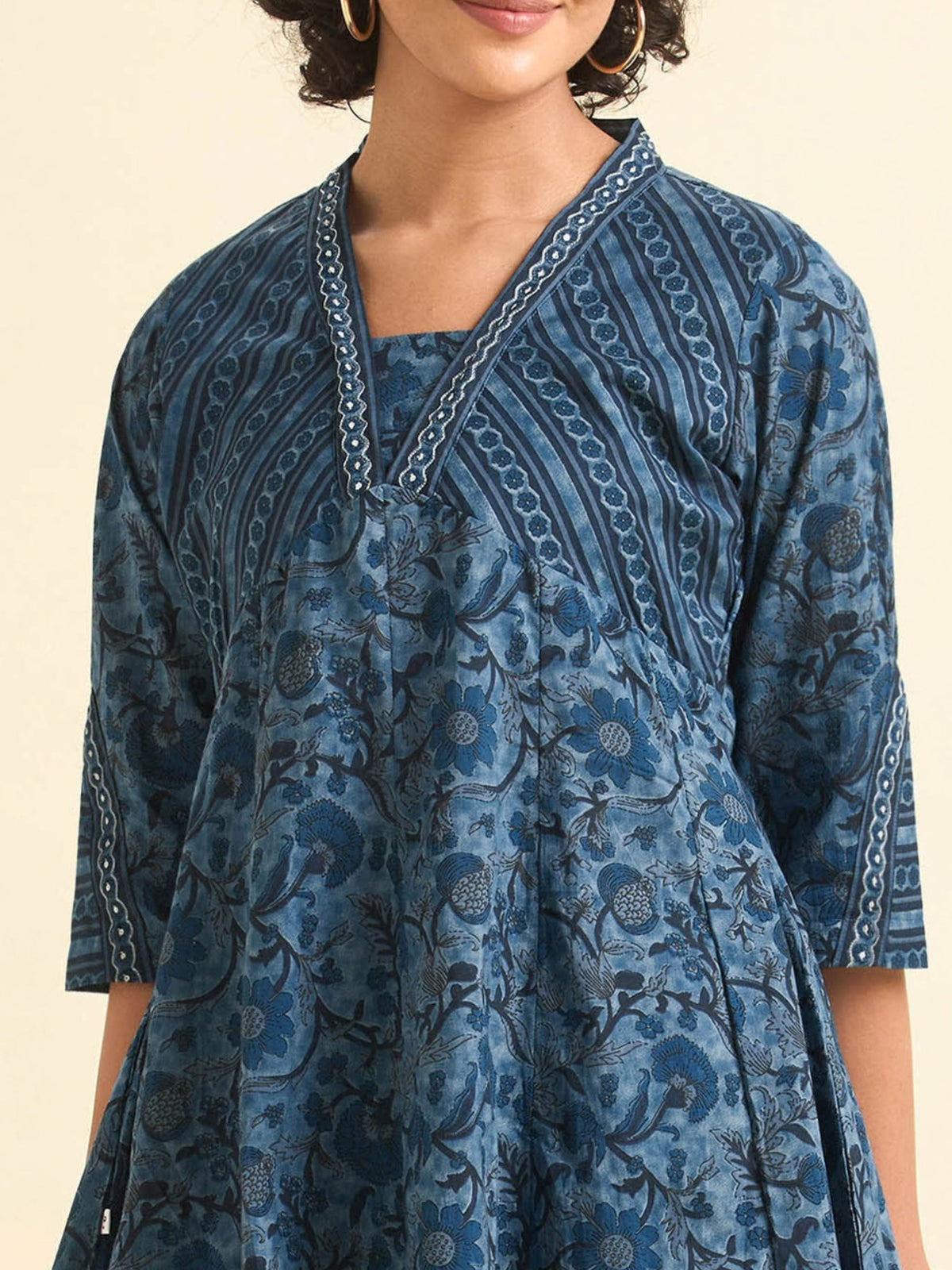 Blue Multi Colour Pure Cotton Flared Kali Cut Kurti Set With Sequins Embroidery
