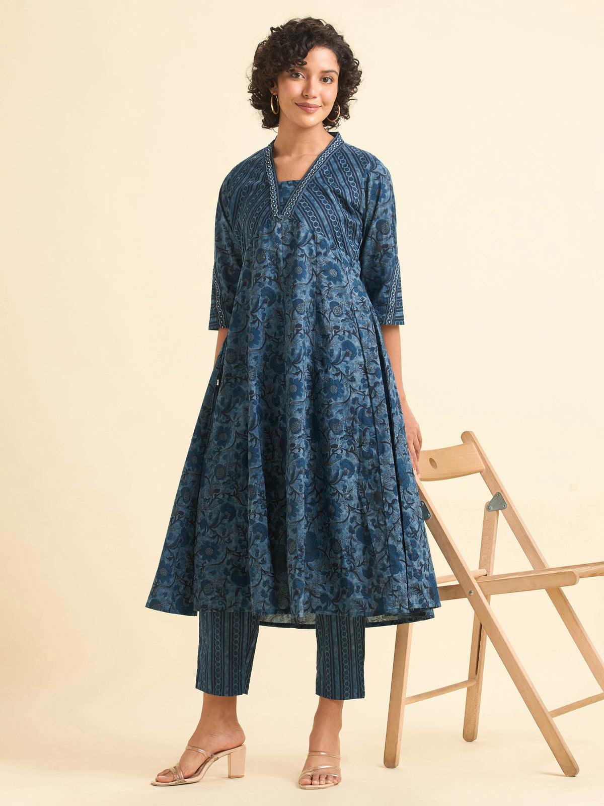 Blue Multi Colour Pure Cotton Flared Kali Cut Kurti Set With Sequins Embroidery