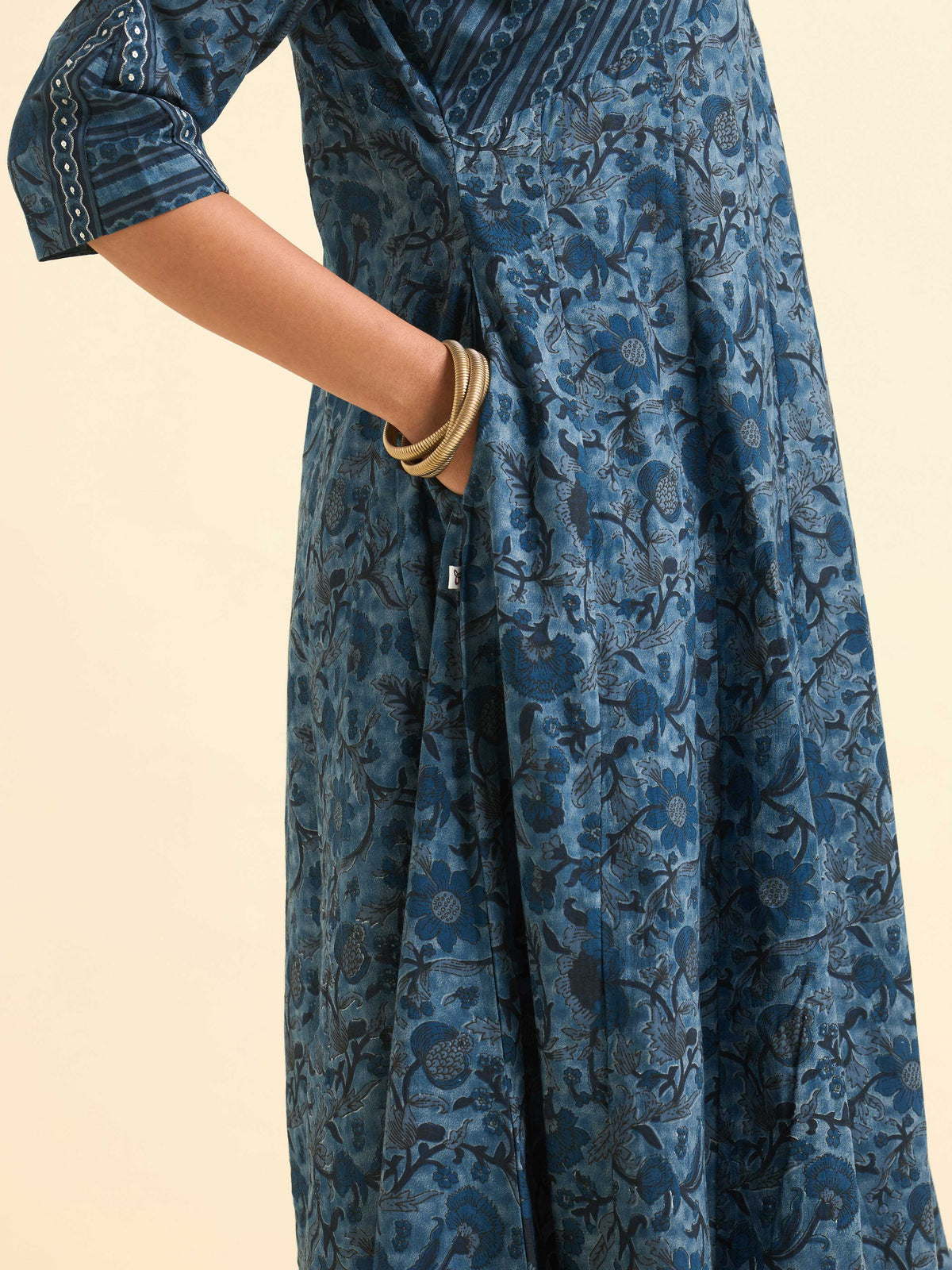Blue Multi Colour Pure Cotton Flared Kali Cut Kurti Set With Sequins Embroidery