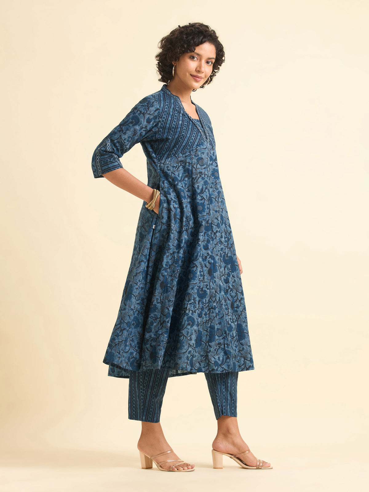 Blue Multi Colour Pure Cotton Flared Kali Cut Kurti Set With Sequins Embroidery