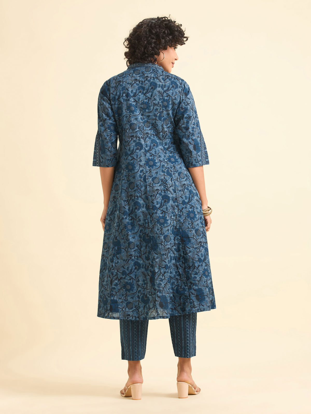 Blue Multi Colour Pure Cotton Flared Kali Cut Kurti Set With Sequins Embroidery