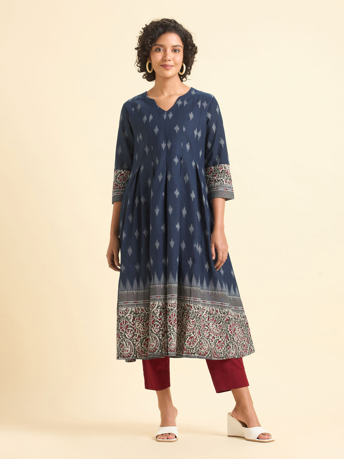 Blue Multi Colour Cotton Flax Printed Flared Kurti With Box Pleat