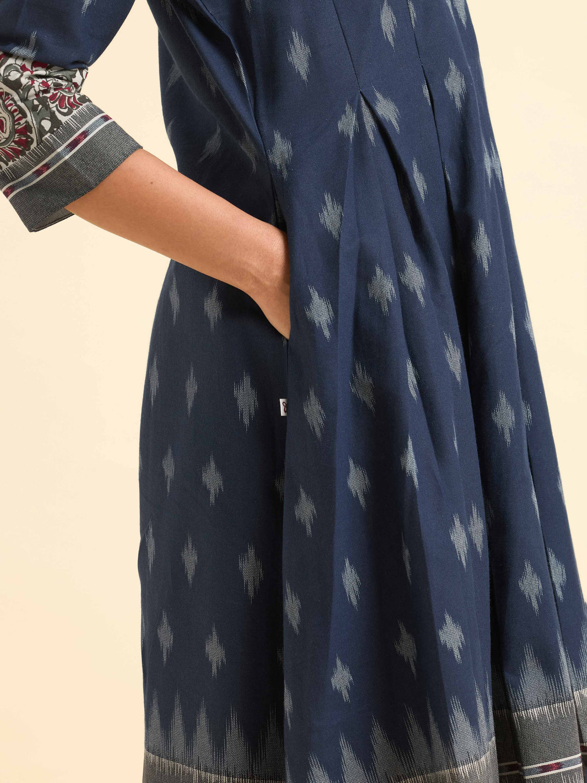 Blue Multi Colour Cotton Flax Printed Flared Kurti With Box Pleat