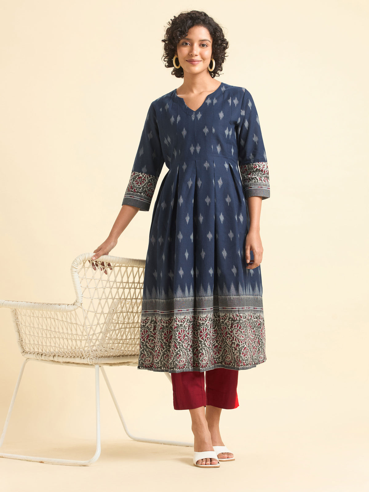 Blue Multi Colour Cotton Flax Printed Flared Kurti With Box Pleat