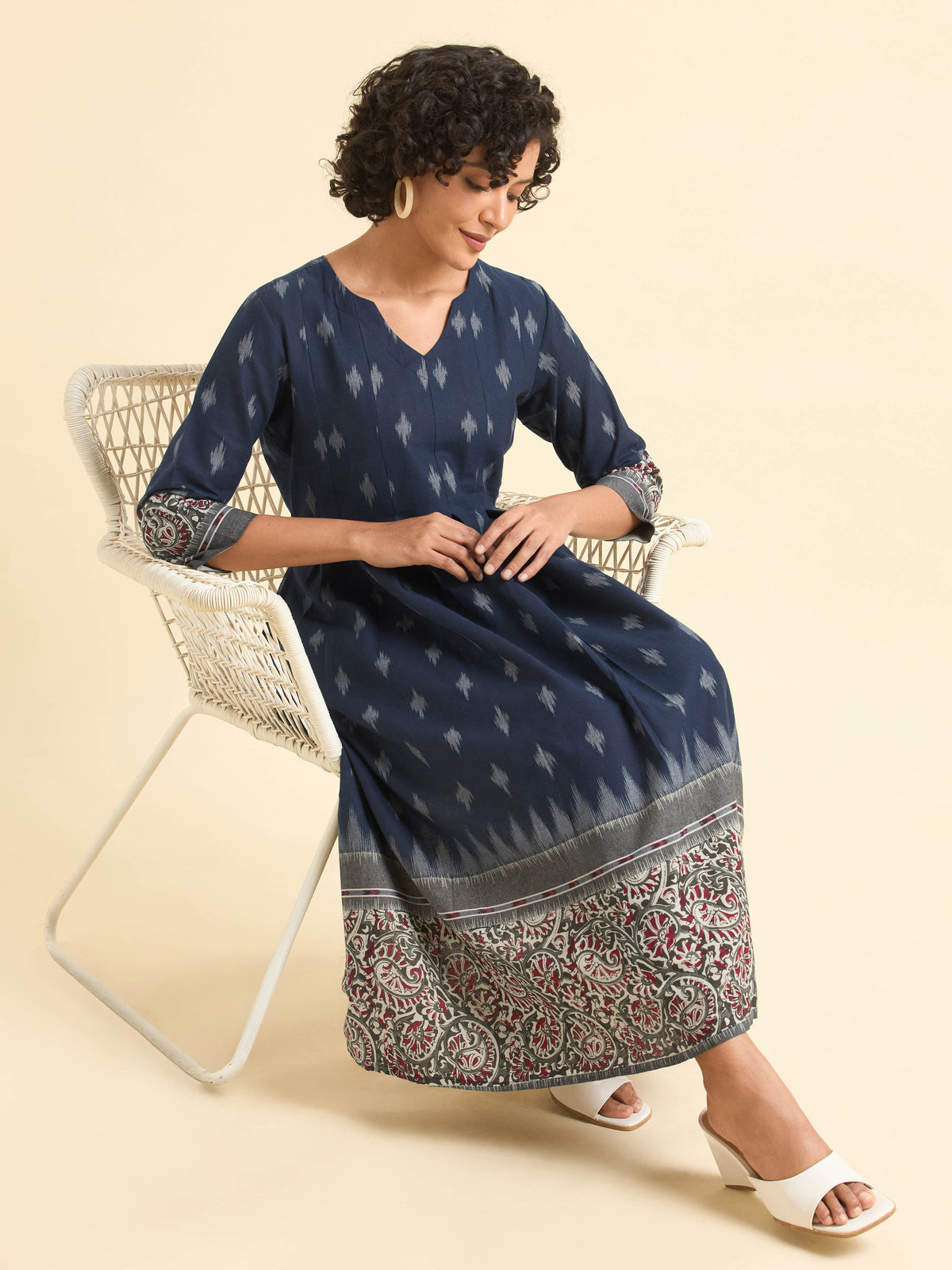 Blue Multi Colour Cotton Flax Printed Flared Kurti With Box Pleat
