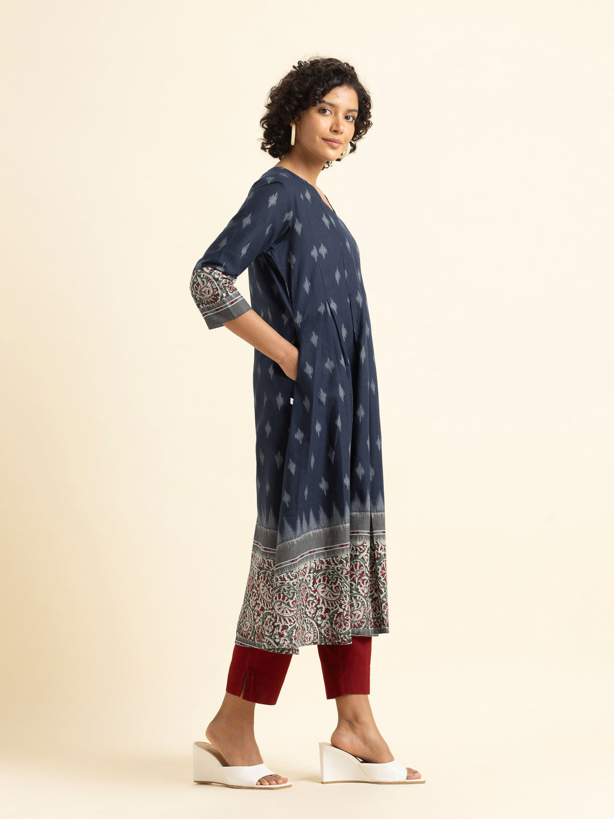 Blue Multi Colour Cotton Flax Printed Flared Kurti With Box Pleat