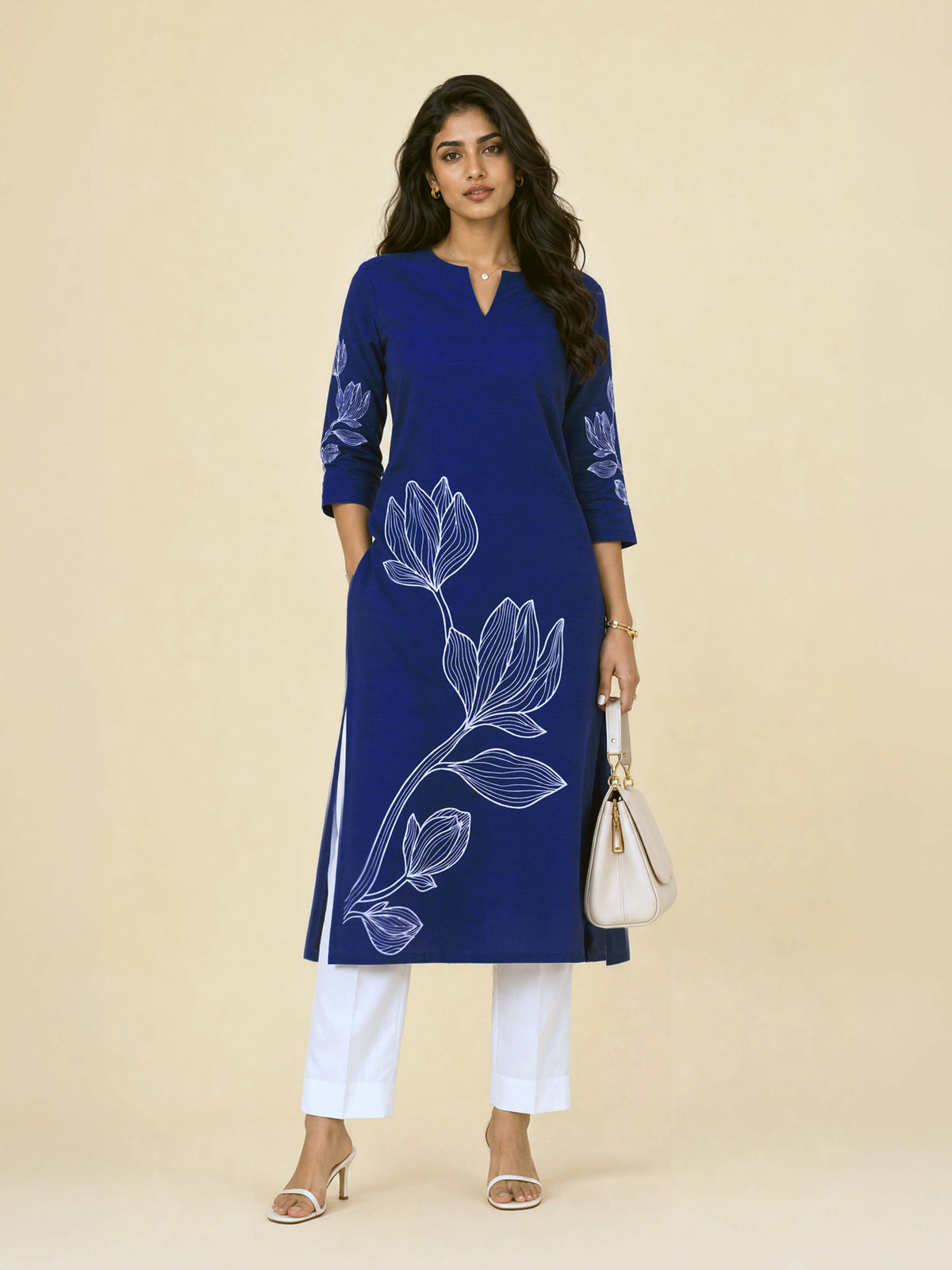Blue Plain Slitted Kurti With Placement Print