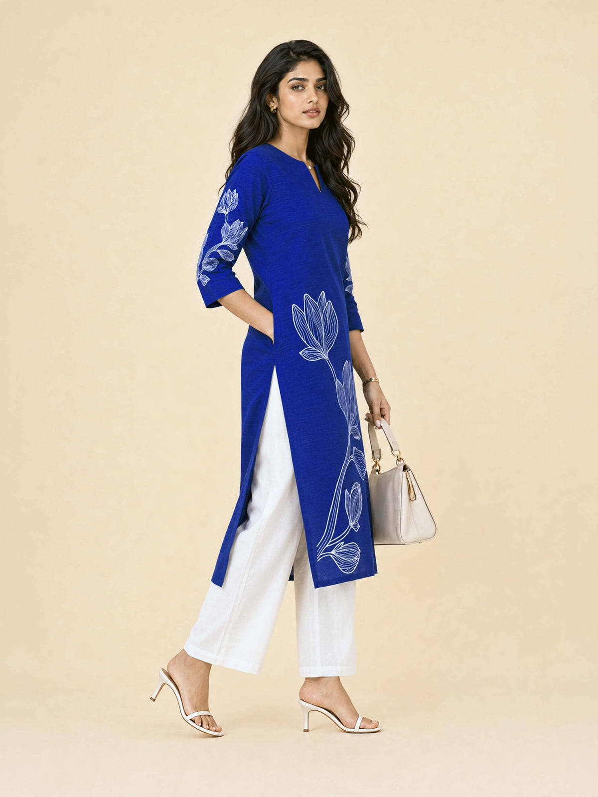 Blue Plain Slitted Kurti With Placement Print