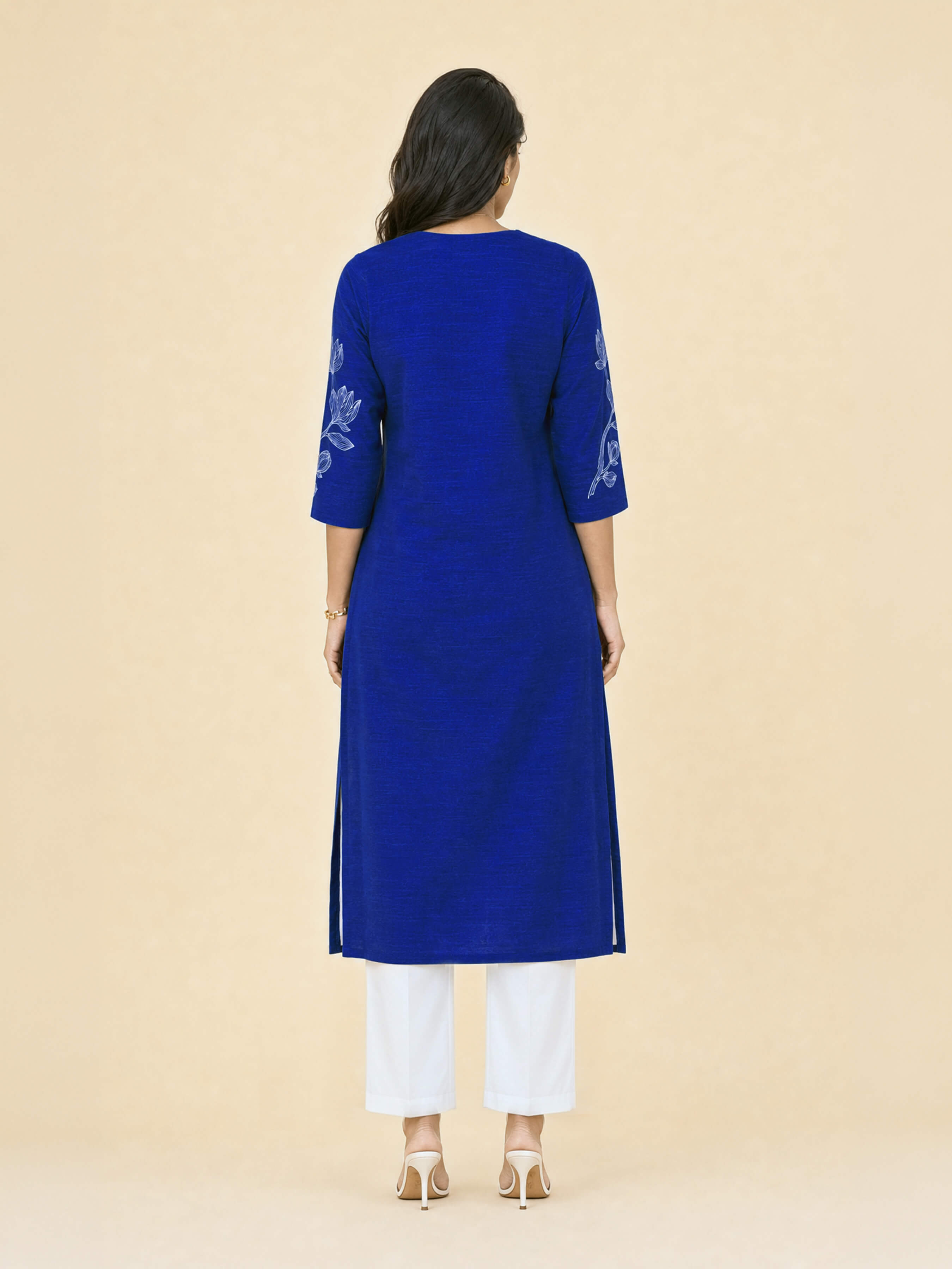 Blue Plain Slitted Kurti With Placement Print