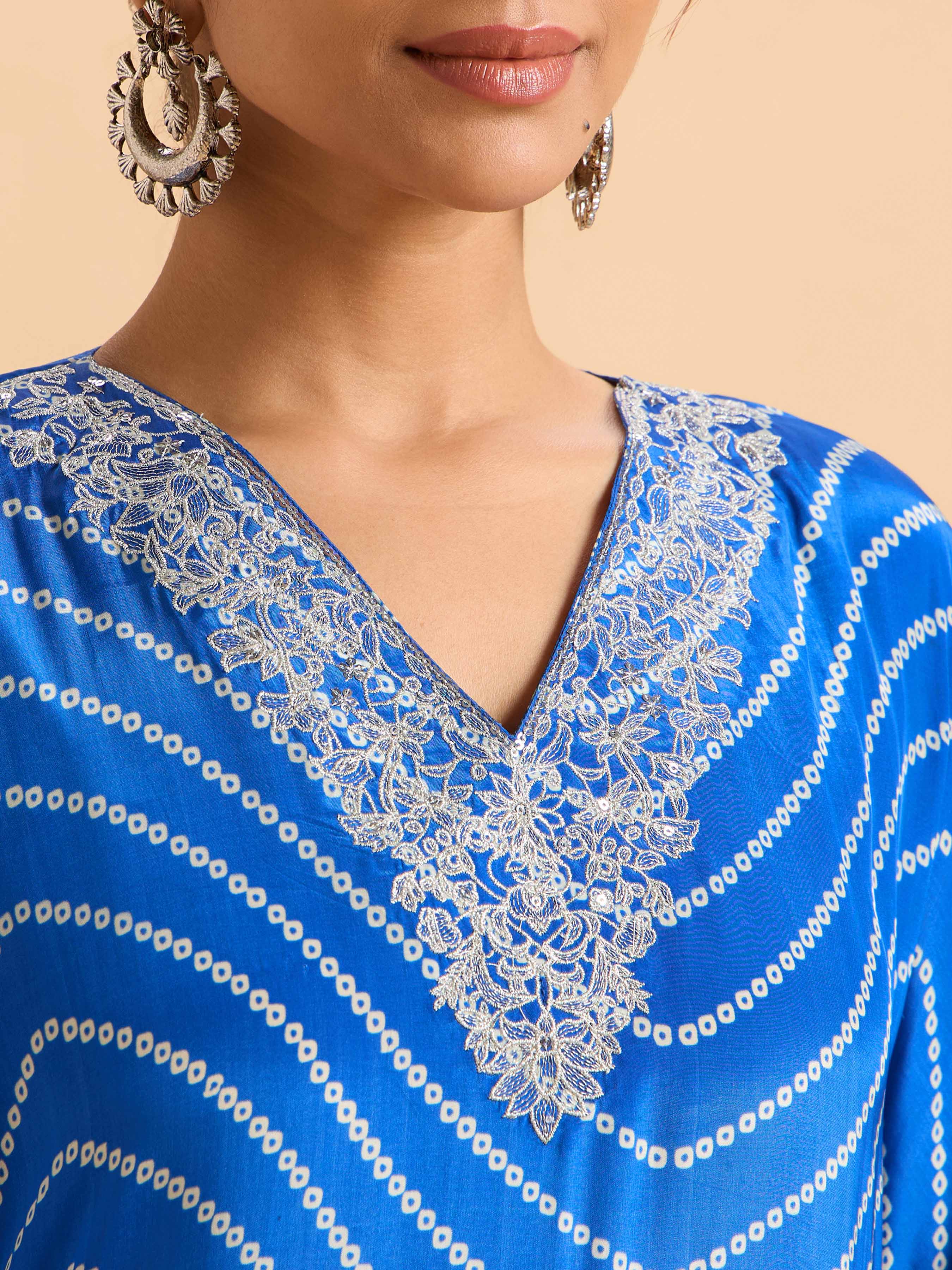 Blue & White Crepe Printed Kaftan With Embroidery And Sequin Work