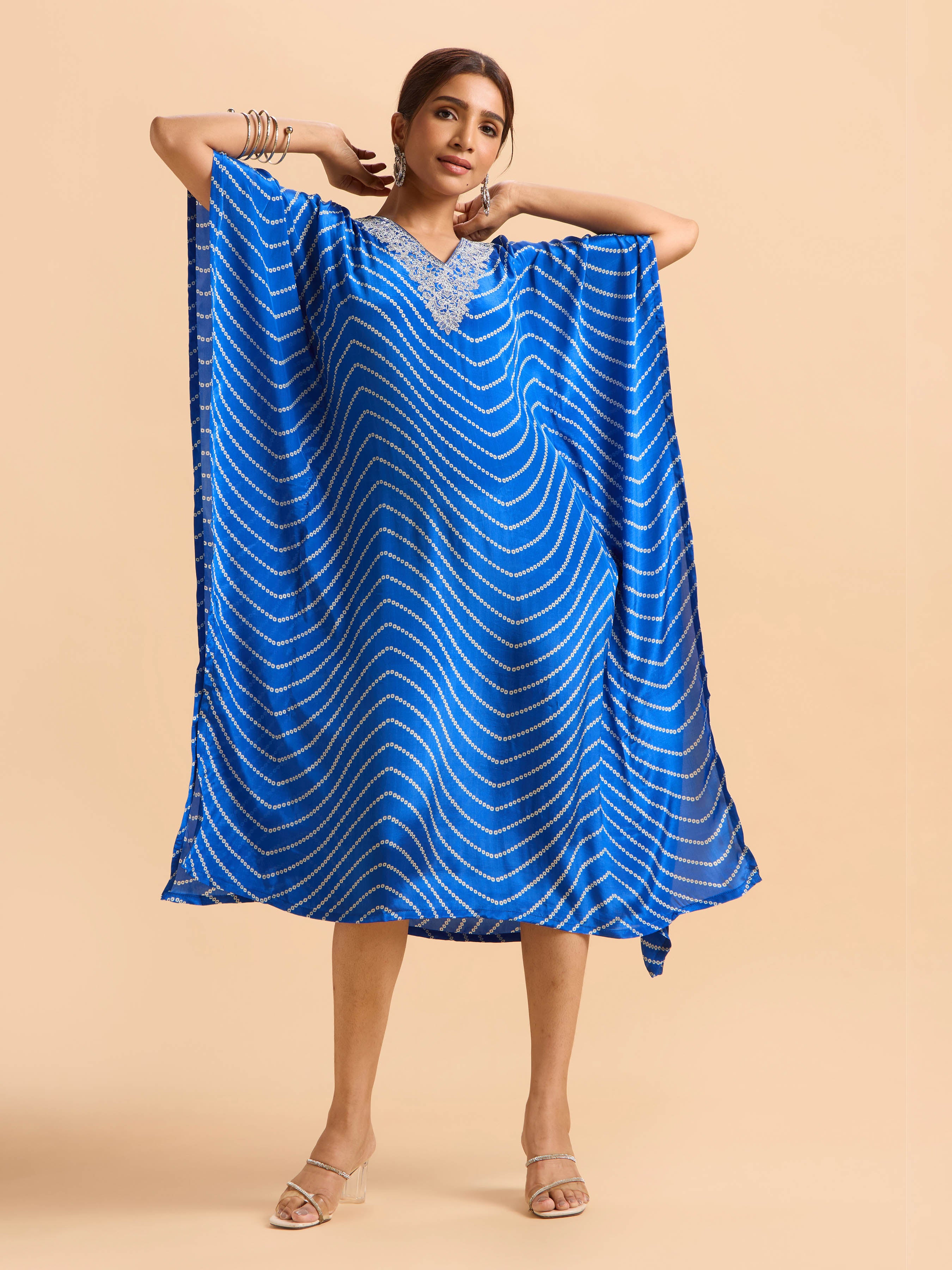 Blue & White Crepe Printed Kaftan With Embroidery And Sequin Work
