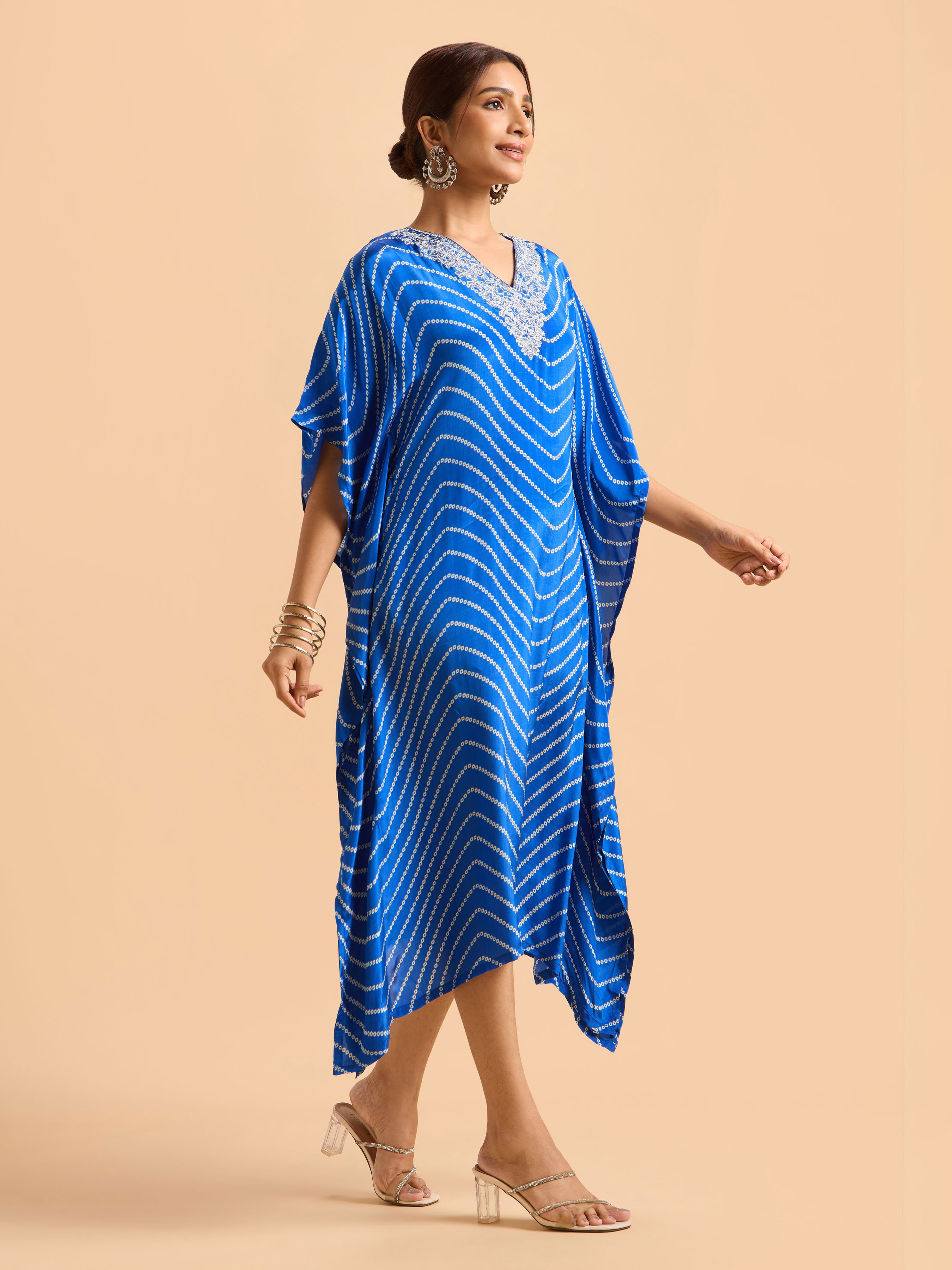 Blue & White Crepe Printed Kaftan With Embroidery And Sequin Work