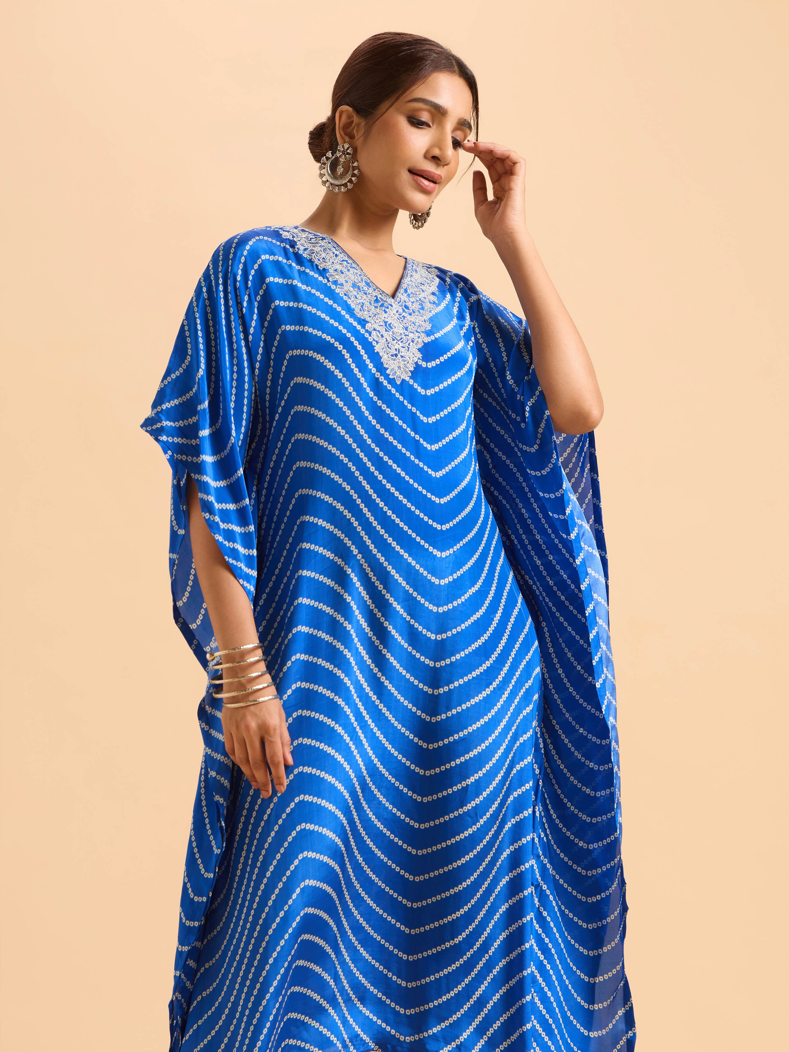Blue & White Crepe Printed Kaftan With Embroidery And Sequin Work