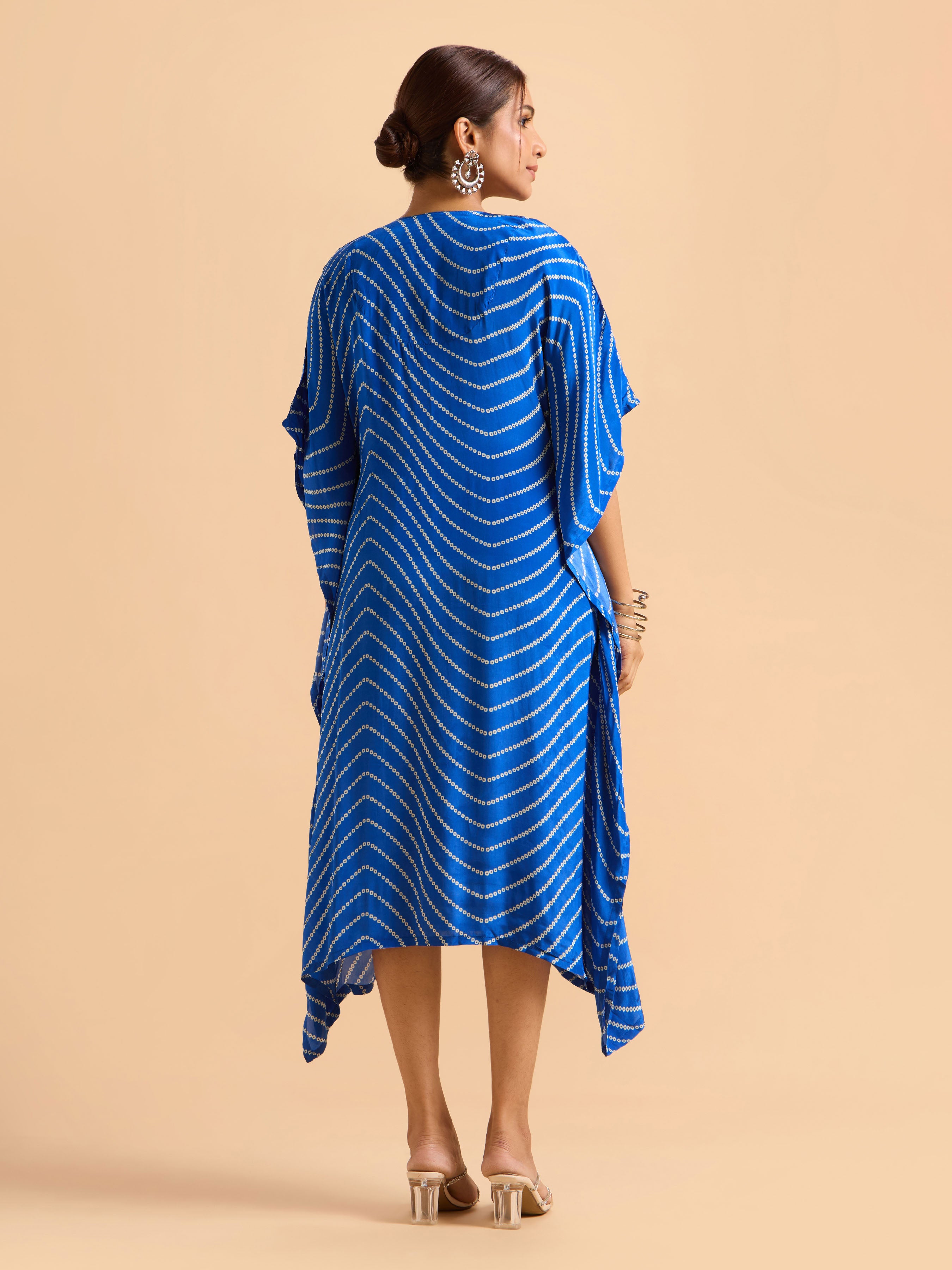 Blue & White Crepe Printed Kaftan With Embroidery And Sequin Work