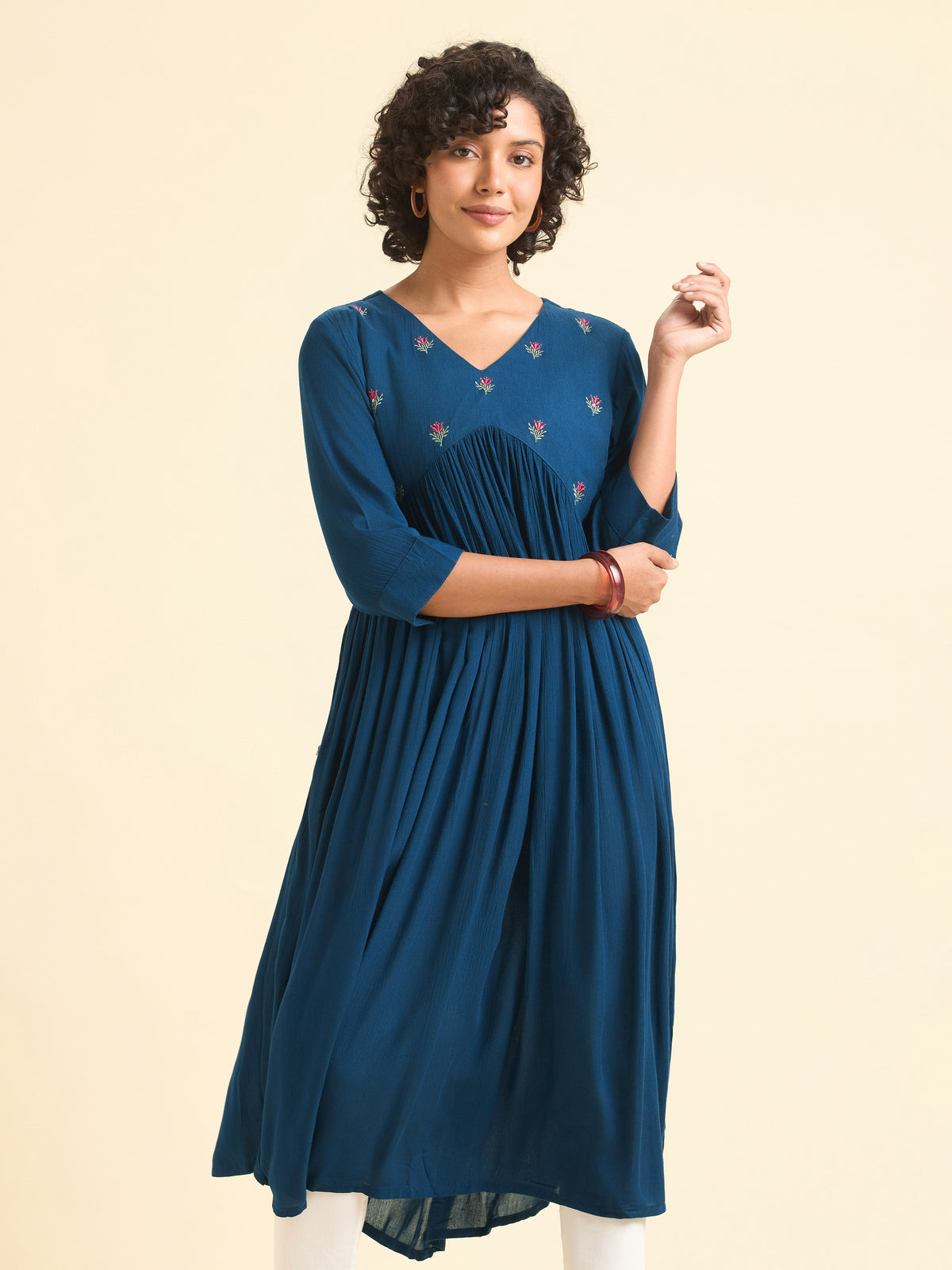 Blue Wrinkle Viscose Plain Flared Kurti