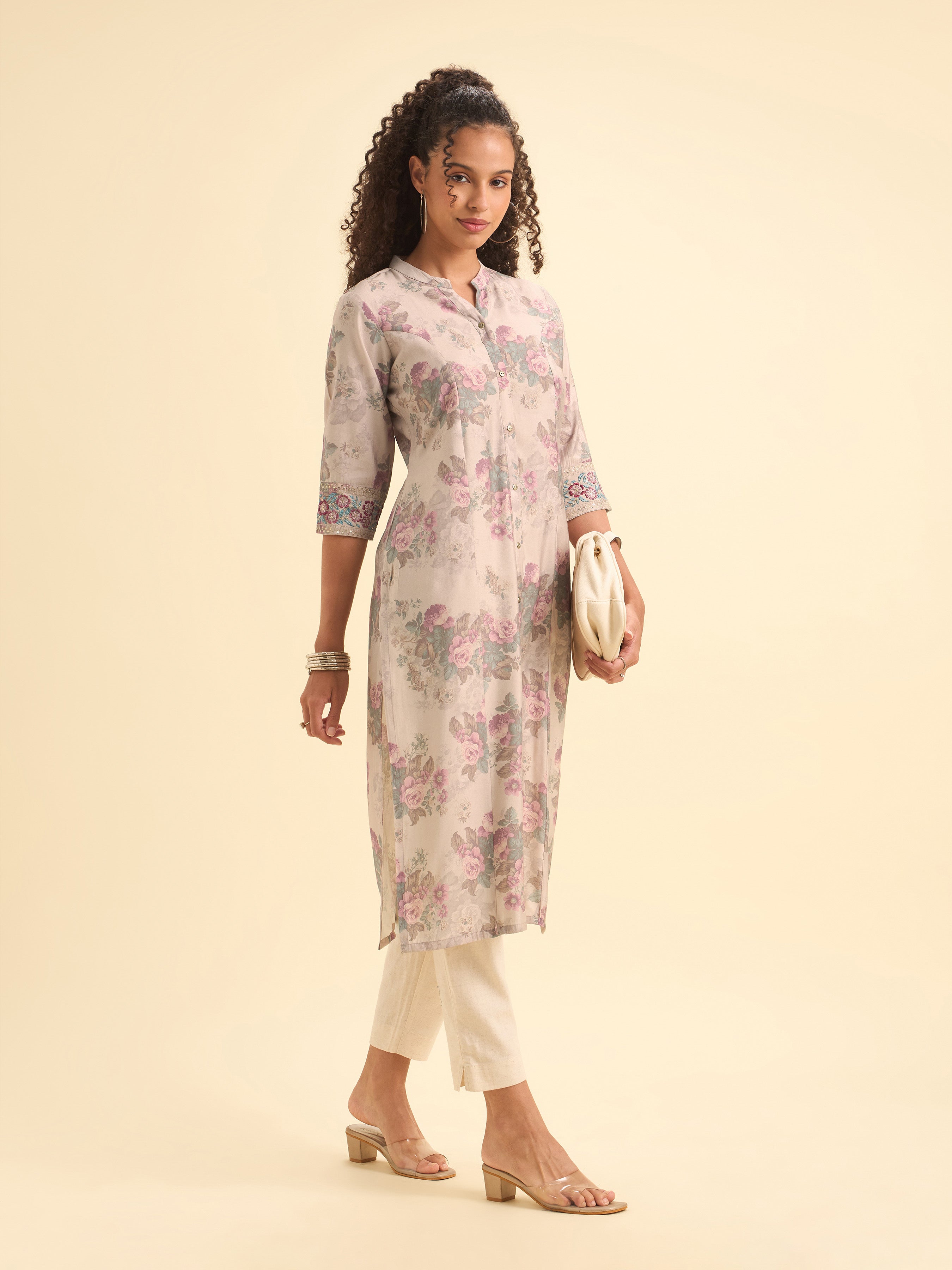 Blush Pink Multicolor Viscose Blend Printed Slit Princess-Cut Kurti With Embroidery And Sequin Work
