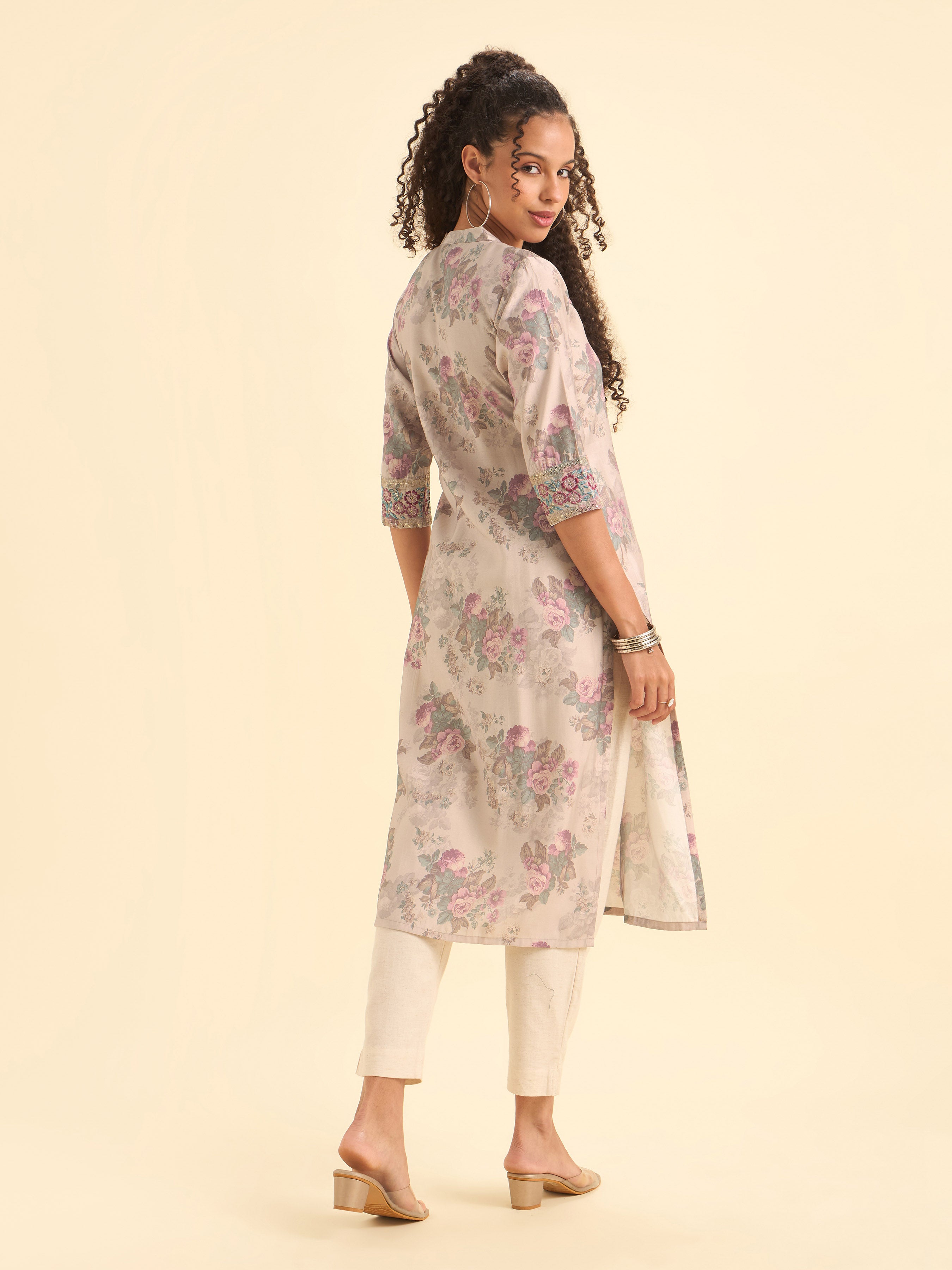Blush Pink Multicolor Viscose Blend Printed Slit Princess-Cut Kurti With Embroidery And Sequin Work