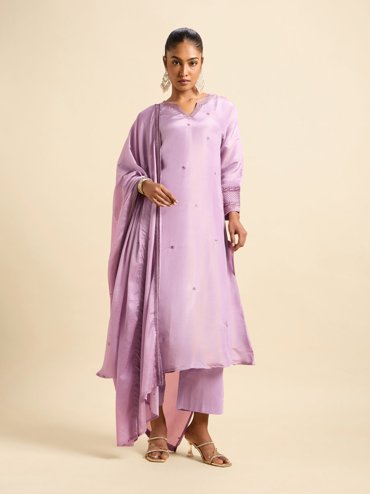 Lilac Viscose Shimmer Flared Kurti Set With Sequins Embroidery Work  With Border Embroidery Dupatta