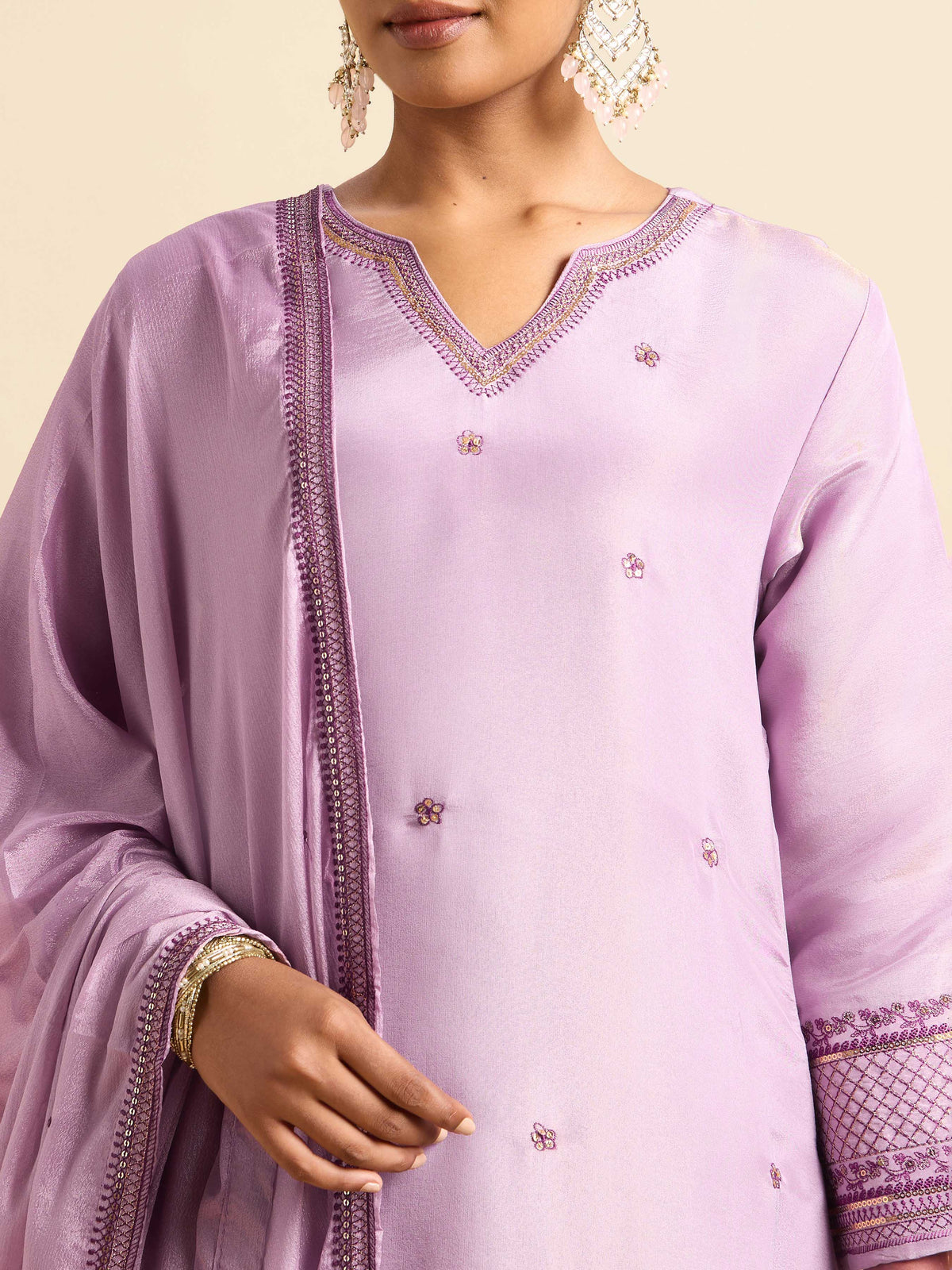 Lilac Viscose Shimmer Flared Kurti Set With Sequins Embroidery Work  With Border Embroidery Dupatta