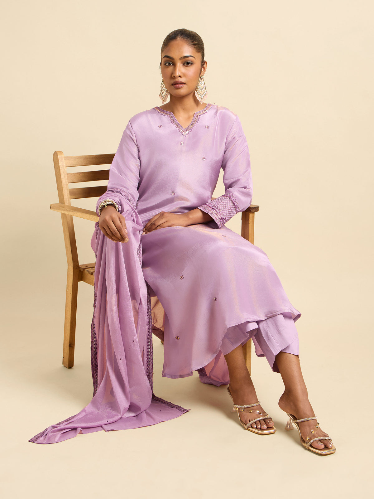Lilac Viscose Shimmer Flared Kurti Set With Sequins Embroidery Work  With Border Embroidery Dupatta