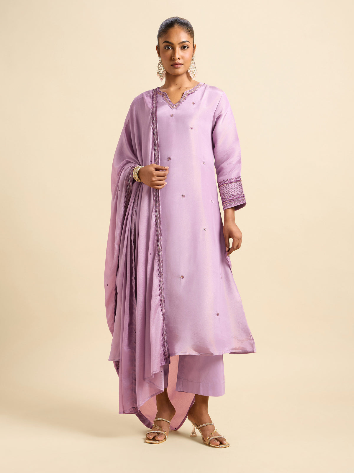Lilac Viscose Shimmer Flared Kurti Set With Sequins Embroidery Work  With Border Embroidery Dupatta