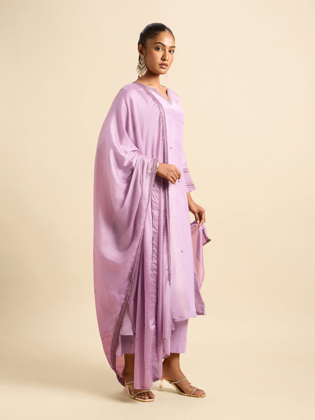Lilac Viscose Shimmer Flared Kurti Set With Sequins Embroidery Work  With Border Embroidery Dupatta